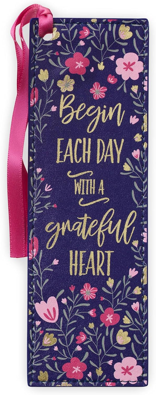 With Love Pink/Blue Faux Leather Bookmark for Women, Begin Each Day with A Grateful Heart Floral Debossed Design w/Gold Accents/Ribbon Tassel, Inspirational Encouraging Book Accessory for Booklovers