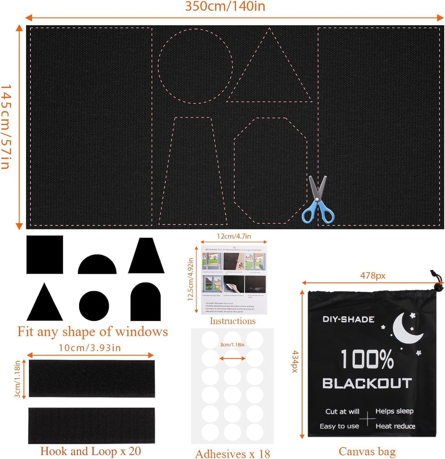 Blackout Blinds 138" x 57", 100% Blackout Curtains for Window, 420D No Drill Portable Black Out Shades Film for Bedroom, Cut to Any Size, Nursery Black Out Blinds for Baby Temporary, 20 Hook and Loop