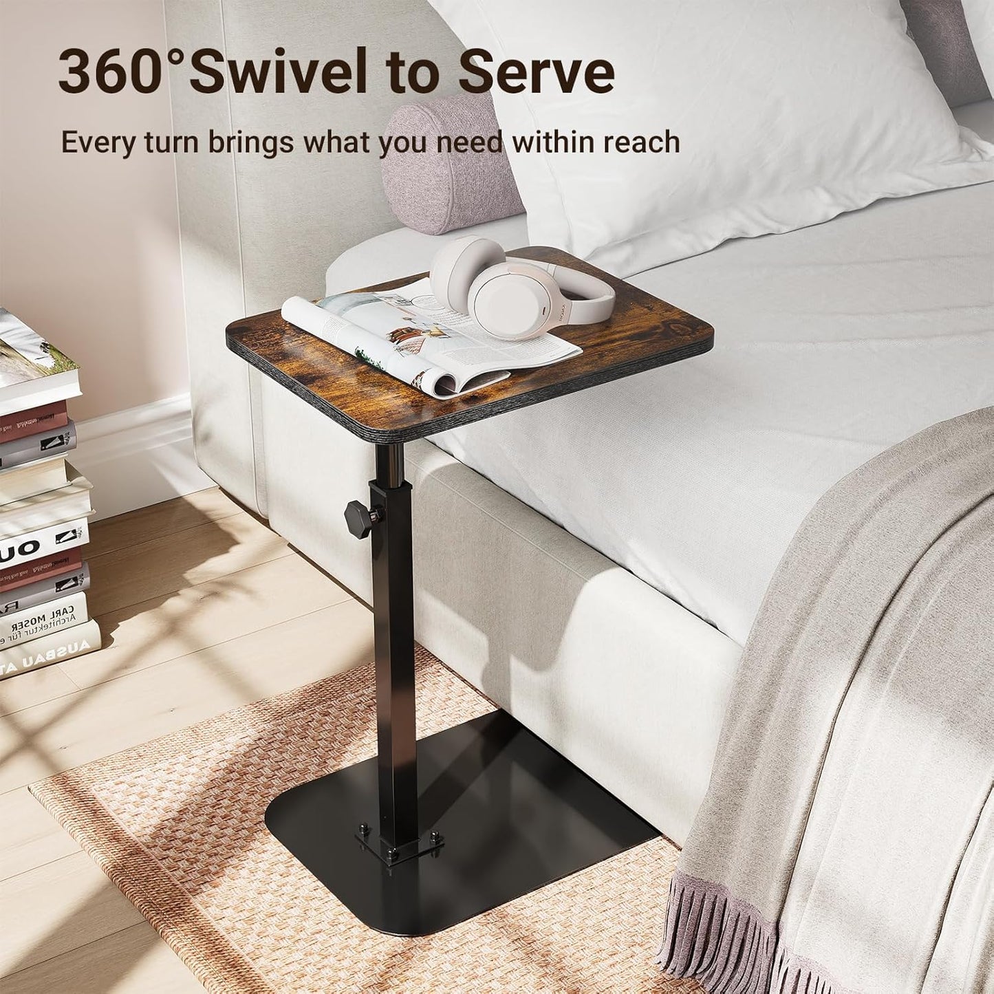 ELYKEN TV Tray Table, C-Shape Couch Desk, 360° Swivel Side Table Height Adjustable, Laptop Stand for Couch Recliner, Small Bedside Tables, Rustic Brown