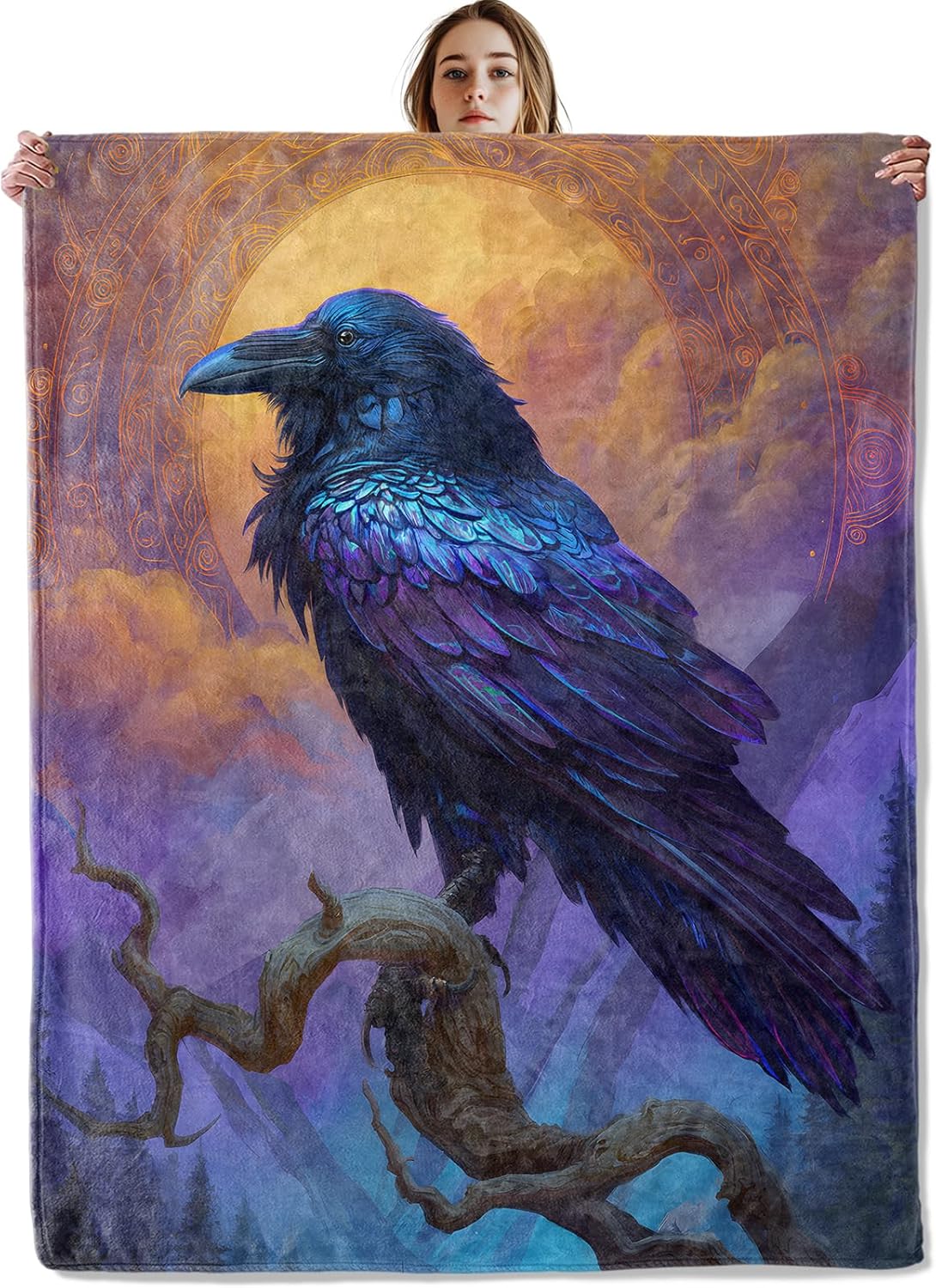 Mystical Raven Blanket, Soft Cozy Lightweight Majestic Crow on Tree with Sunset Sky Throw Blanket for Women Adults, Sofa Couch Bed 50x60 Inch Gothic Flannel Blankets for Travel Decor Gifts