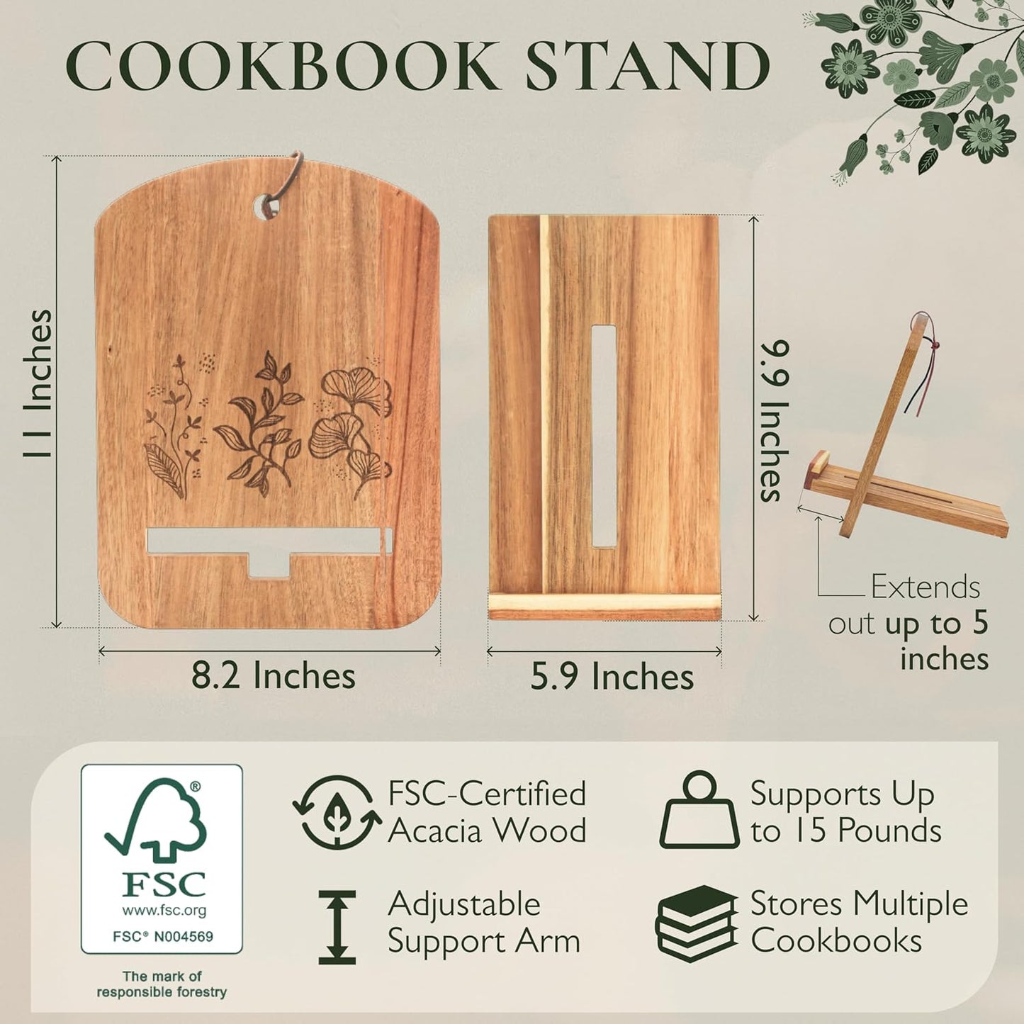 Wood Cook Book Stand for Kitchen Counter - Reversible Acacia Wooden Recipe Book Holder Stand - Cooking Measurement Conversion Card - Gift-Ready Adjustable Tablet Cook Book Holder - Charging Cable Slot