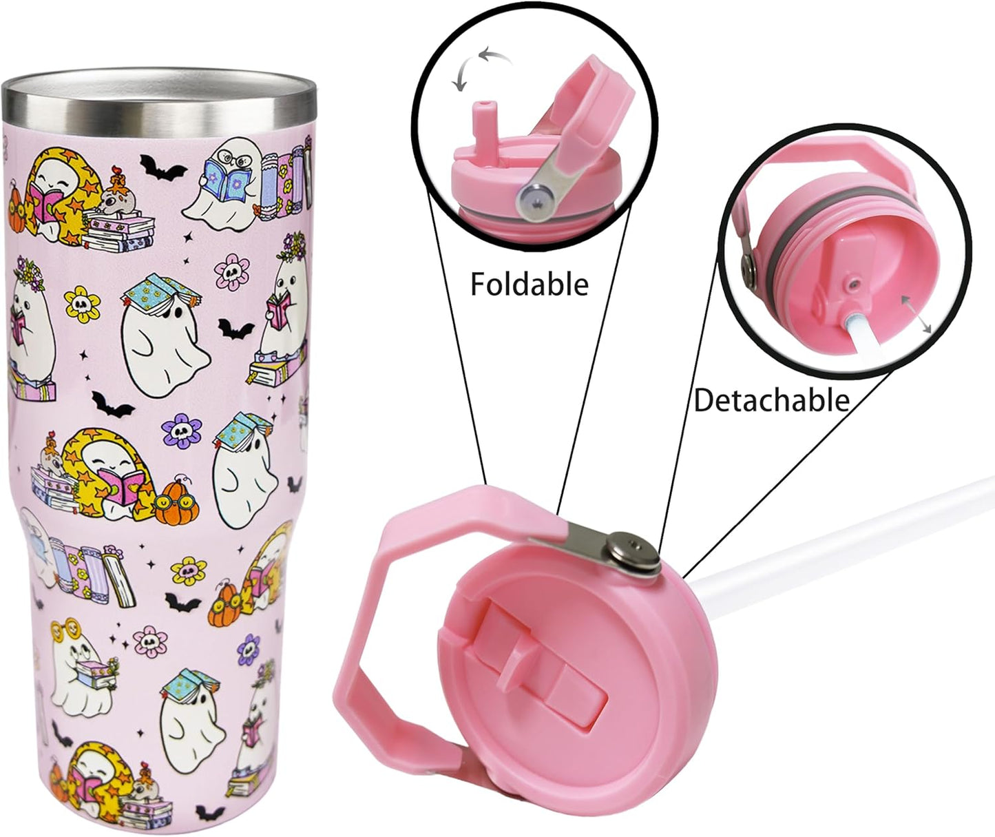 30oz Halloween Tumbler with Handle and Straw, Pink Ghost Insulated Tumbler, Leak Proof Travel Coffee Mug, Reusable Stainless Steel Ghost Tumbler, Halloween Gifts for Women (pink white)