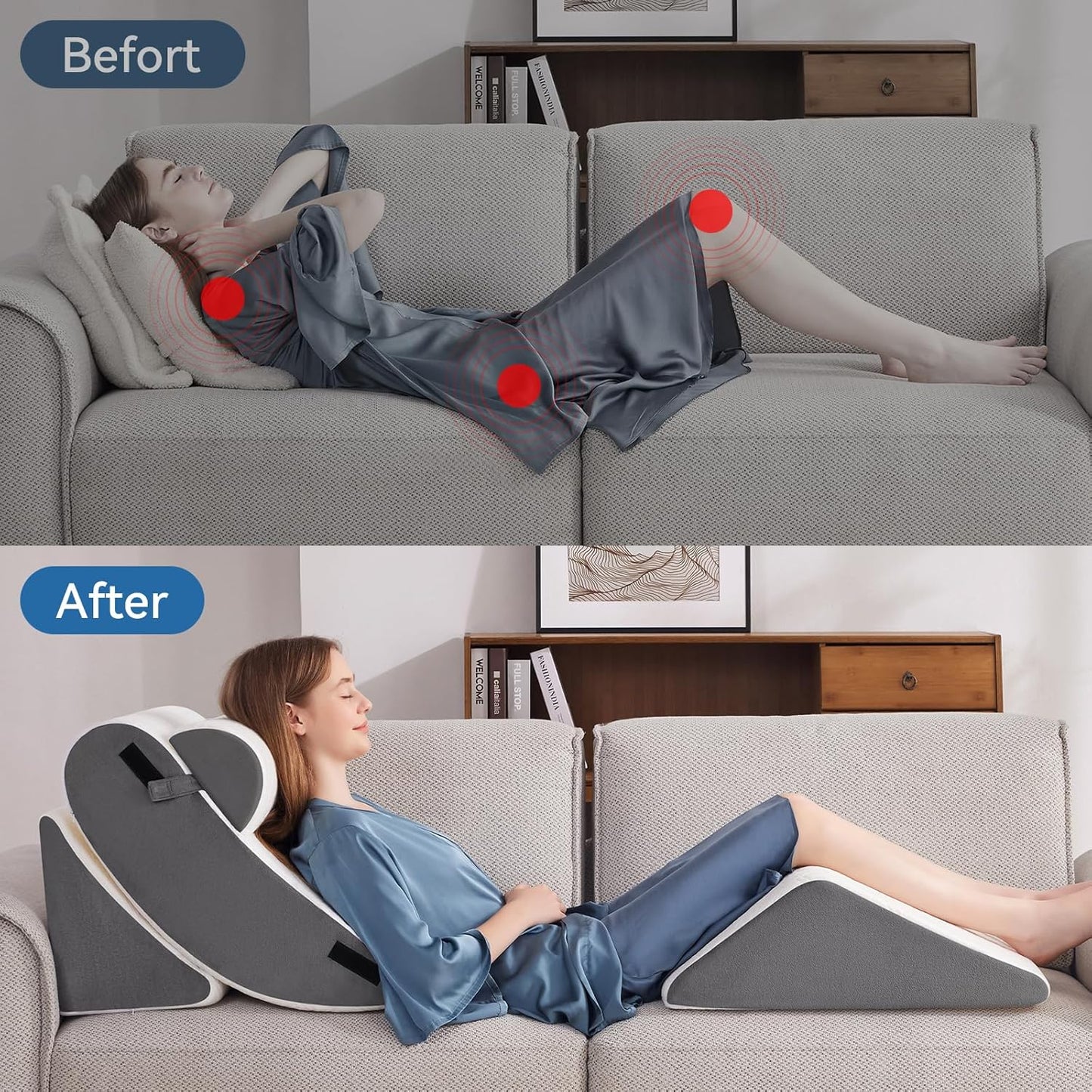 Wedge Pillow Set for After Surgery, 4 PCS Bed Wedge Pillow for Sleeping, Memory Foam Orthopedic Back Pillow for Pain Relief and Acid Reflux, Adjustable Post Surgery Pillow Grey