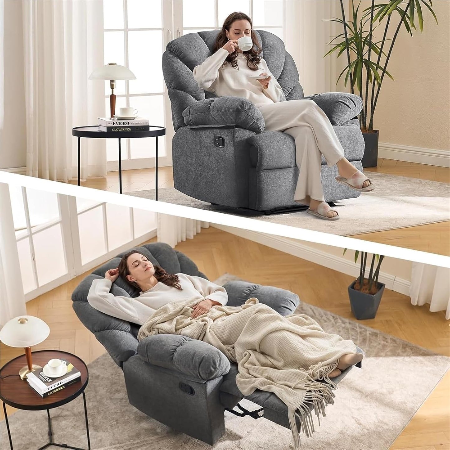 Manual Recliner Chair for Adults, Overstuffed Armrest Fabric Living Room Recliner Sofa, Ergonomic Leisure Chair Classic Single Sofa for Office, Home, Bedroom