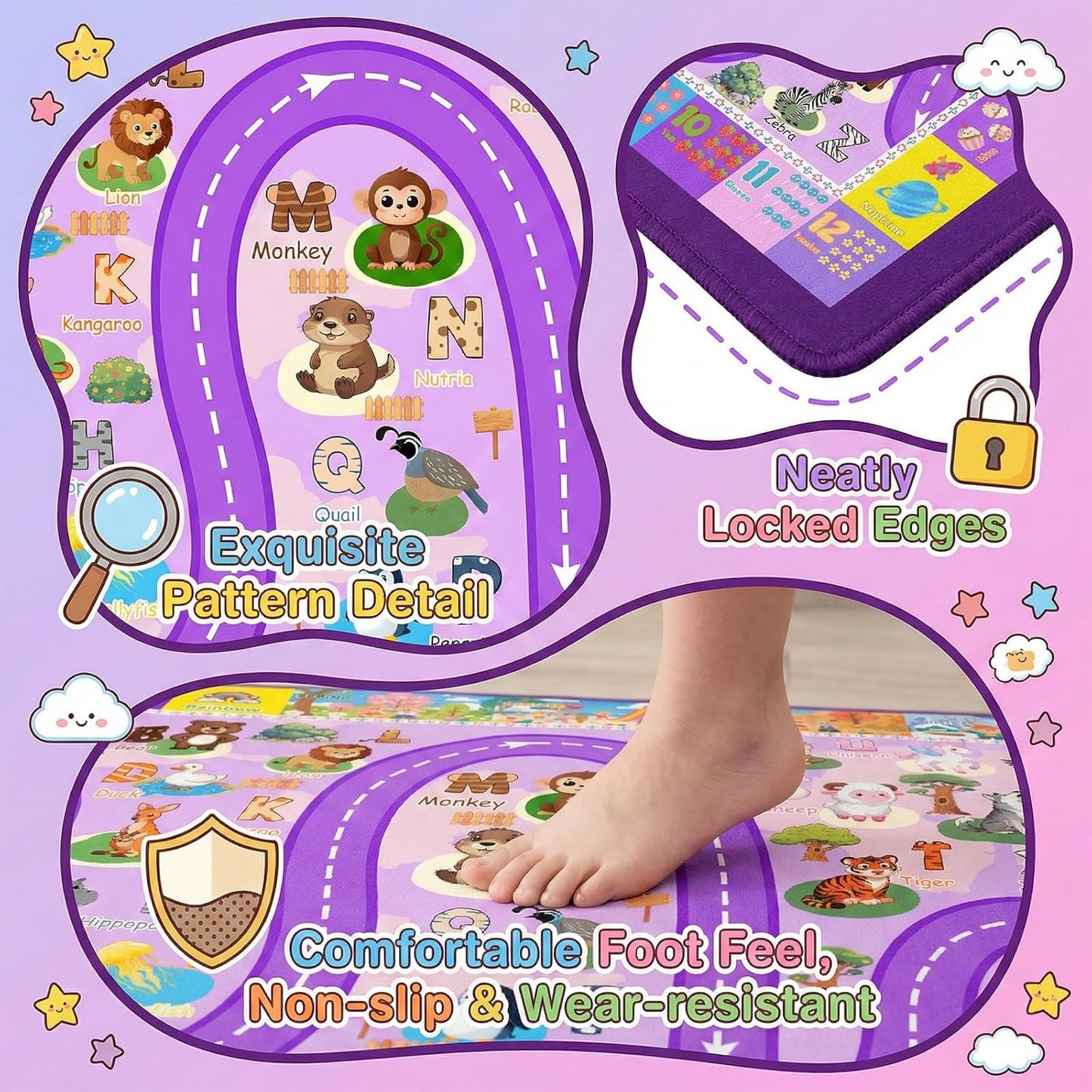 Kids Rugs for Playroom 3x5 Feet, Educational ABC Alphabet Rug with Numbers Seasons, ABC Rugs for Kids Playroom Non-Slip Play Mat for Bedroom Nursery Classroom, Purple