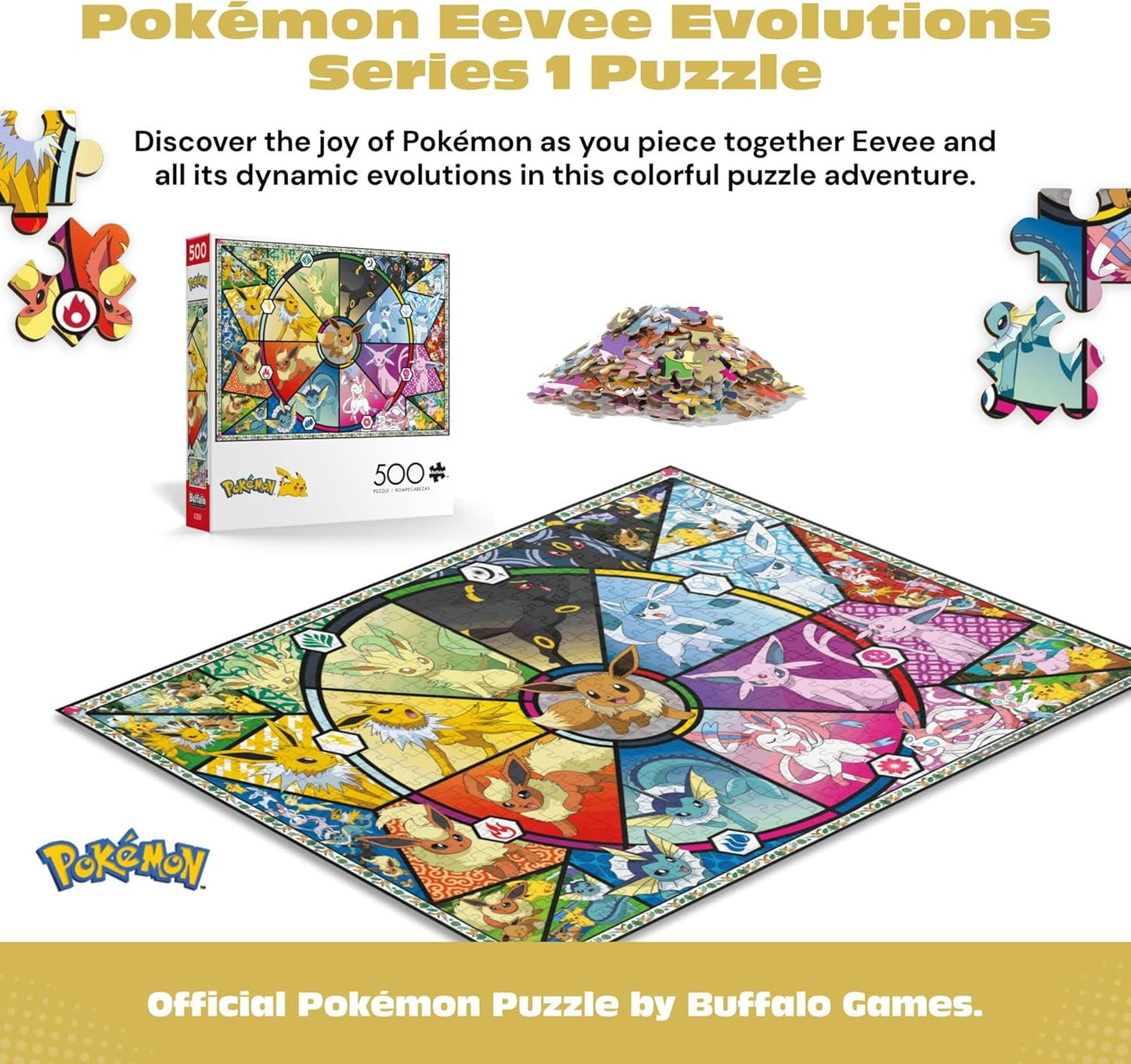 Buffalo Games - Pokémon - Eevee Evolutions Series 1 - 500 Piece Jigsaw Puzzle for Adults - Challenging Puzzle Perfect for Game Nights - Finished Size 21.25 x 15.00