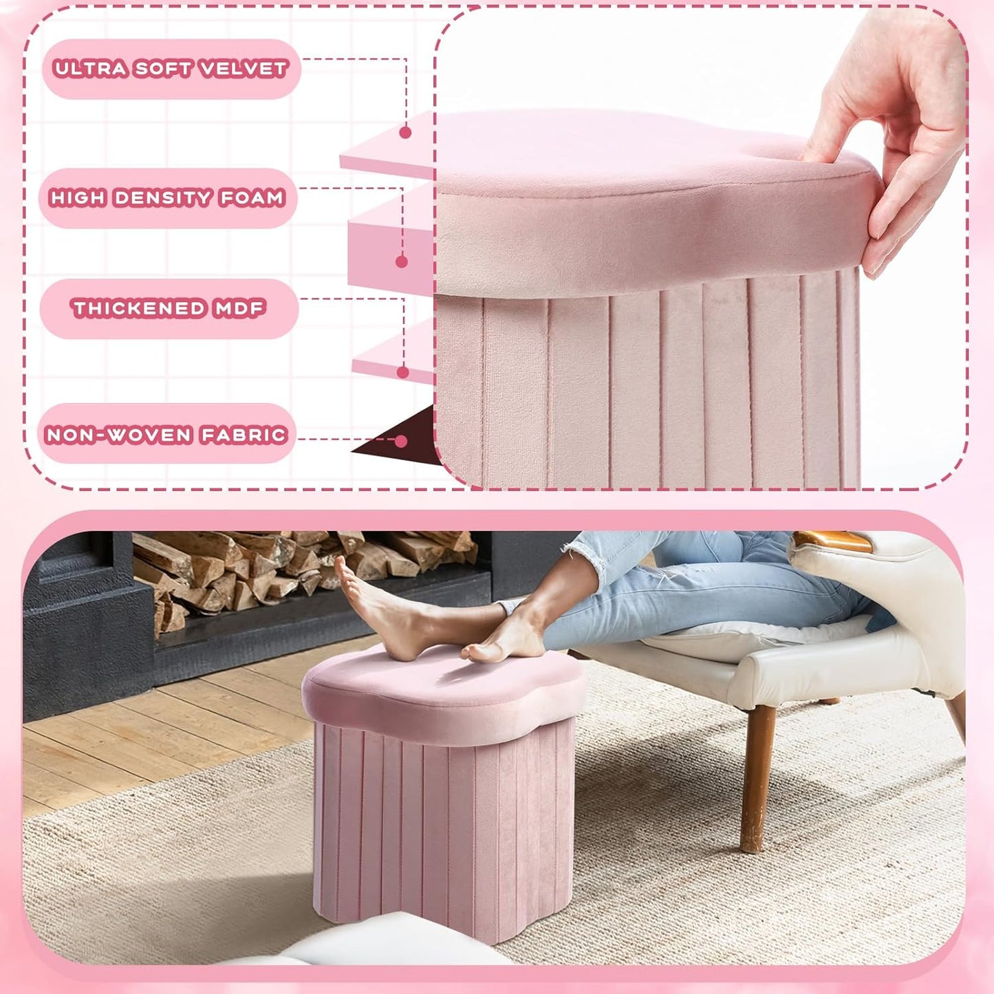 Qinyoung 2 Pcs Storage Ottoman Flower Shaped Foot Stools Foldable Velvet Storage Box Footrest Small Ottoman Seat with Folding Vanity Stool for Dorm Home 12. 6 x 12. 6 x 12. 6 Inch(Pink)