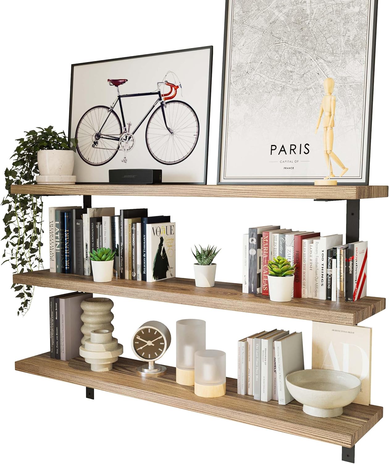 Wallniture Cervo 48" x 10" Rustic Wall Mounted Floating Shelves, Wall Bookshelf for Living Room Decor, Kitchen Shelves, Floating Shelf, Set of 3, Burnt