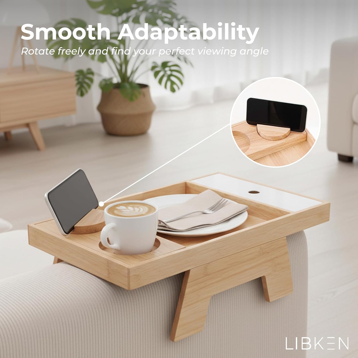 Couch Arm Tray – Rubberwood Sofa Armrest Table with Extra Storage Compartment, Minimal Scandinavian Wooden Design, Fits Multiple Arm Shapes & Sizes – Elegant Couch Armrest Organizer