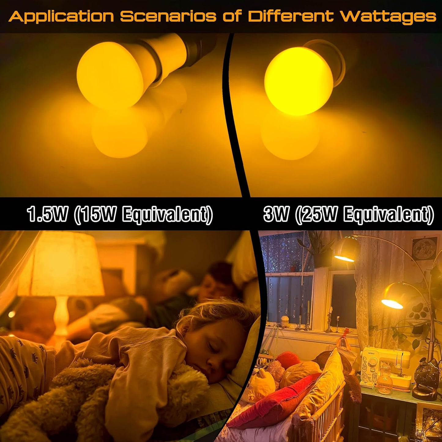 Amber Sleep Light Bulbs 1600k, 1.5W Low Brightness Night Light Bulb 130lm, A15 Blue Light Blocking 15w Equivalent, E26 Warm Amber Light Bulbs for Bedroom, Nursery, Healthy Sleep, Non-Dimmable, 2 Pack