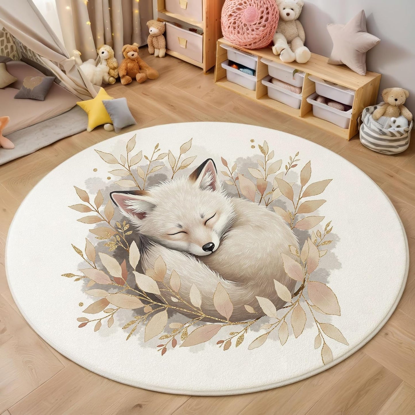 Watercolor Fox Twigs Round Rugs 2Ft, Animal Illustration Round Living Room Area Rug, Washable Large Soft Circle Rug for Bedroom, Non Slip Ultra Thin Floor Carpet for Dining Room, Beige