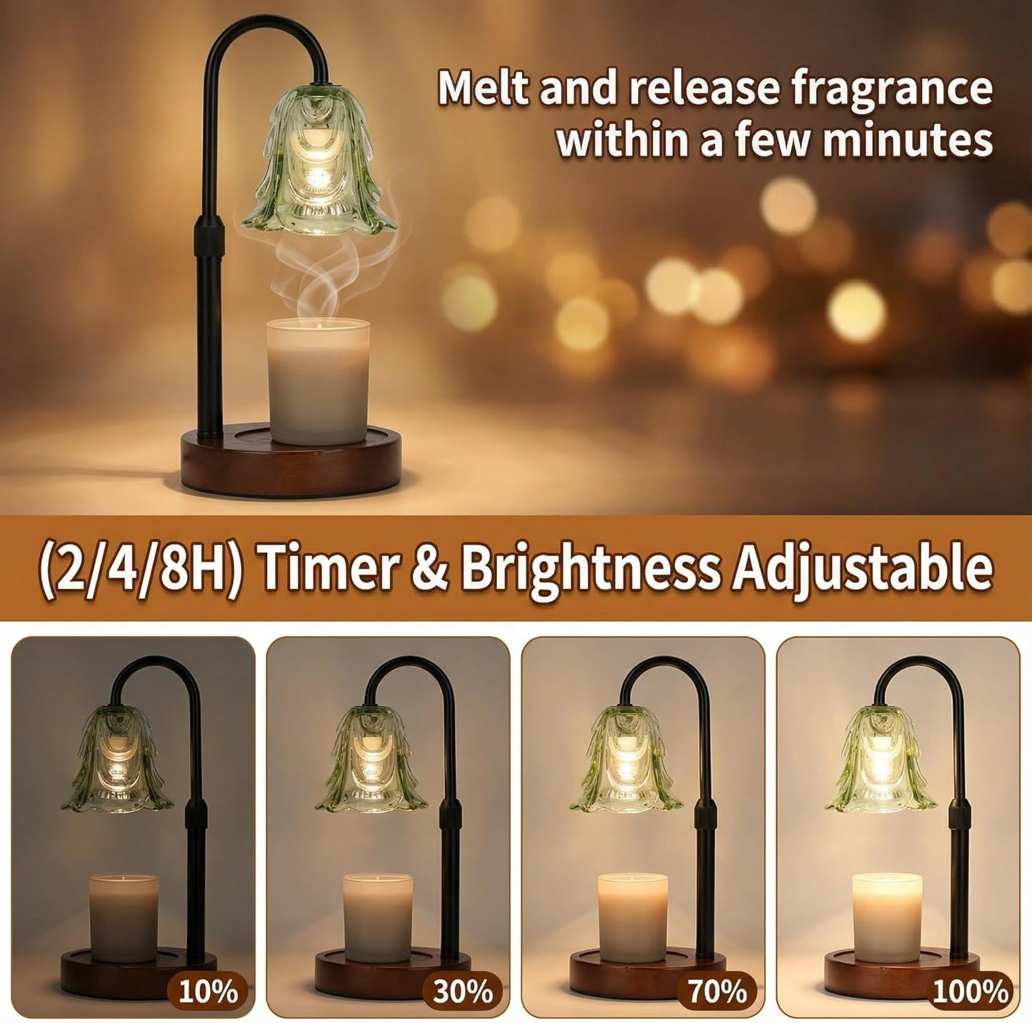 Candle Warmer Lamp, Adjustable Height Table Lamp with Timer (2/4/8h), Flameless Wax Melter for Jar Candles, Safe Home Décor for Bedroom, Living Room, Holiday Gifts (Green-H)