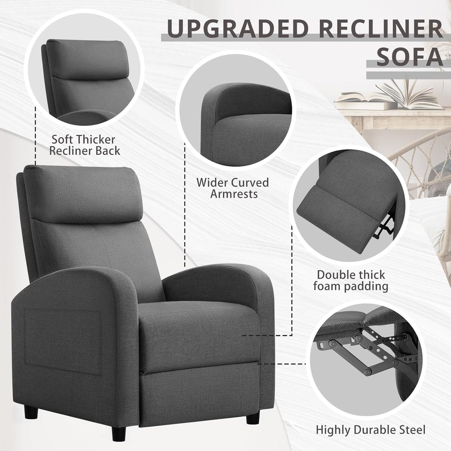 Adjustable Home Theater Single Recliner Chair Sofa Furniture with Thick Seat Cushion and Backrest Modern Living Room Recliners for Bedroom