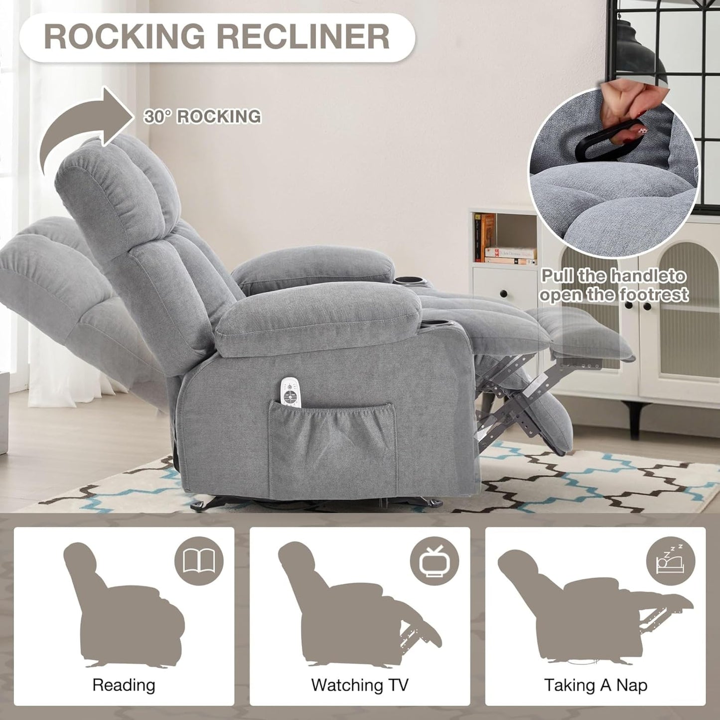 Massage Rocker Recliner Chair with Heat and Vibration Comfy Overstuffed Ergonomic Rocking Lounge Chairs with 4 Side Pockets Cup Holders for Living Room Bedroom(Brown)