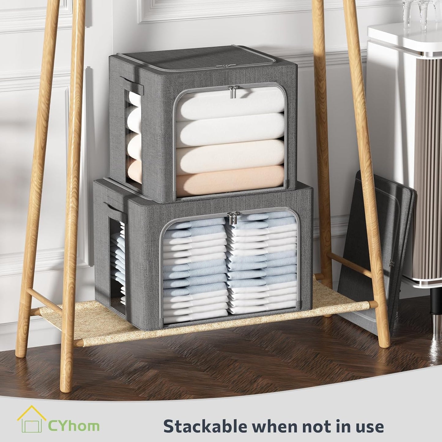 CYhom 3Pack Foldable Storage Bins - Frame Storage Box Linen Fabric Stackable Clothes Container Organizer with Clear Window & Carry Handles Large Capacity (Medium-36L, Dark Gray)