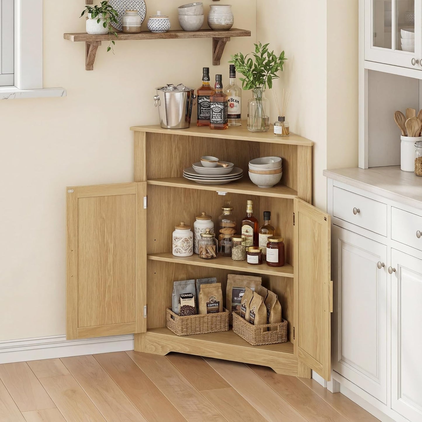 Smuxee Bathroom Corner Cabinet, Floor Corner Storage Cabinet with Fluted Door and Adjustable Shelf, Wooden Narrow Cabinet Organizer for Bathroom, Kitchen, Living Room