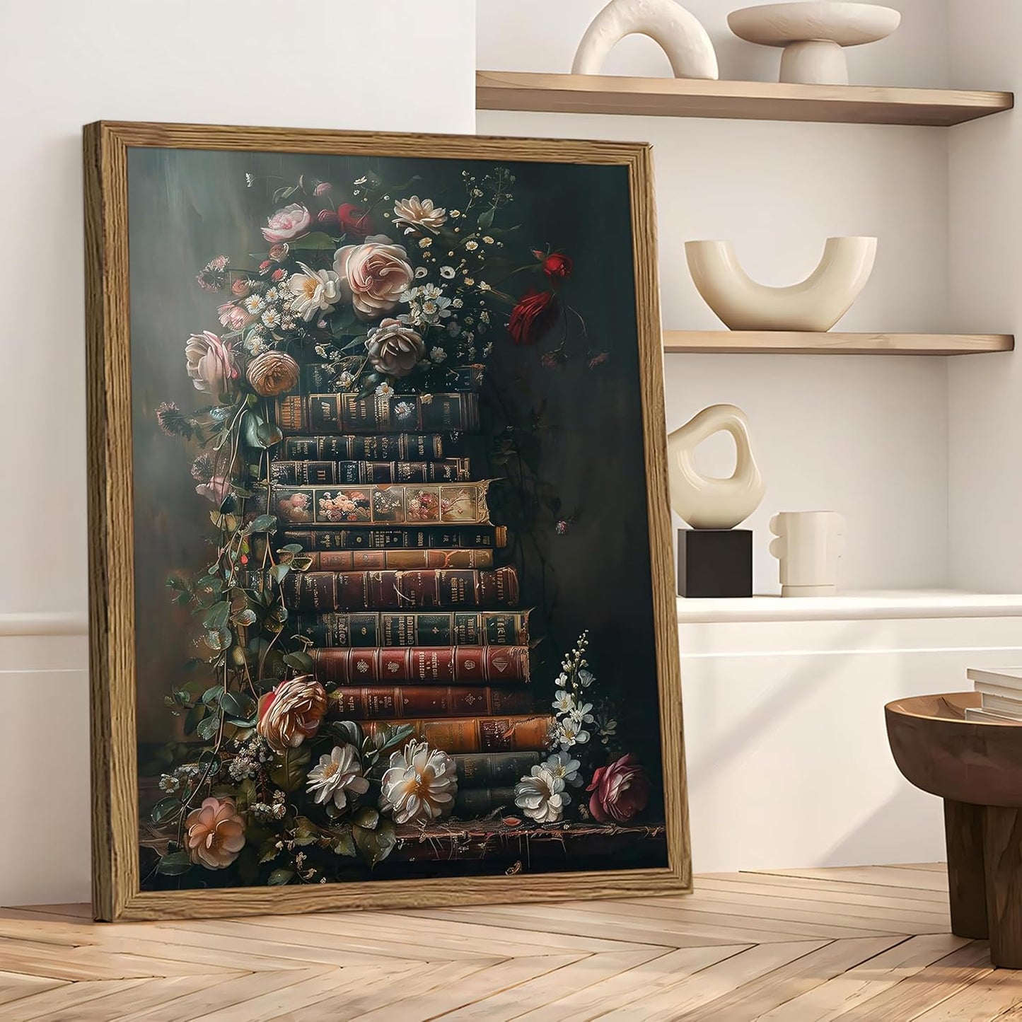 Framed Vintage Floral Wall Art – Moody Dark Flowers & Antique Books Oil Painting, Dark Academia Floral Canvas Wall Decor, Solid Wood Frame Picture for Living Room Office 16x12in