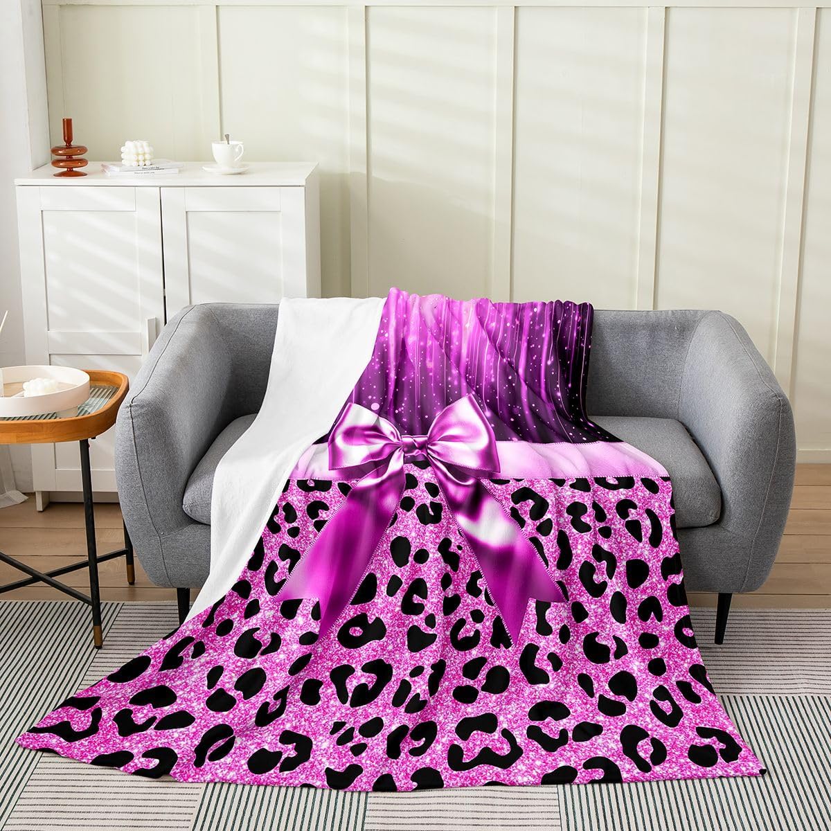 Feelyou Pink Purple Leopard Fleece Throw Blanket Cute Bow Flannel Blanket Plush Fuzzy Sweet Animal Pattern for Bed Couch Chair Living Room Coquette Aesthetic Queen 90"x90" Bedroom Decor
