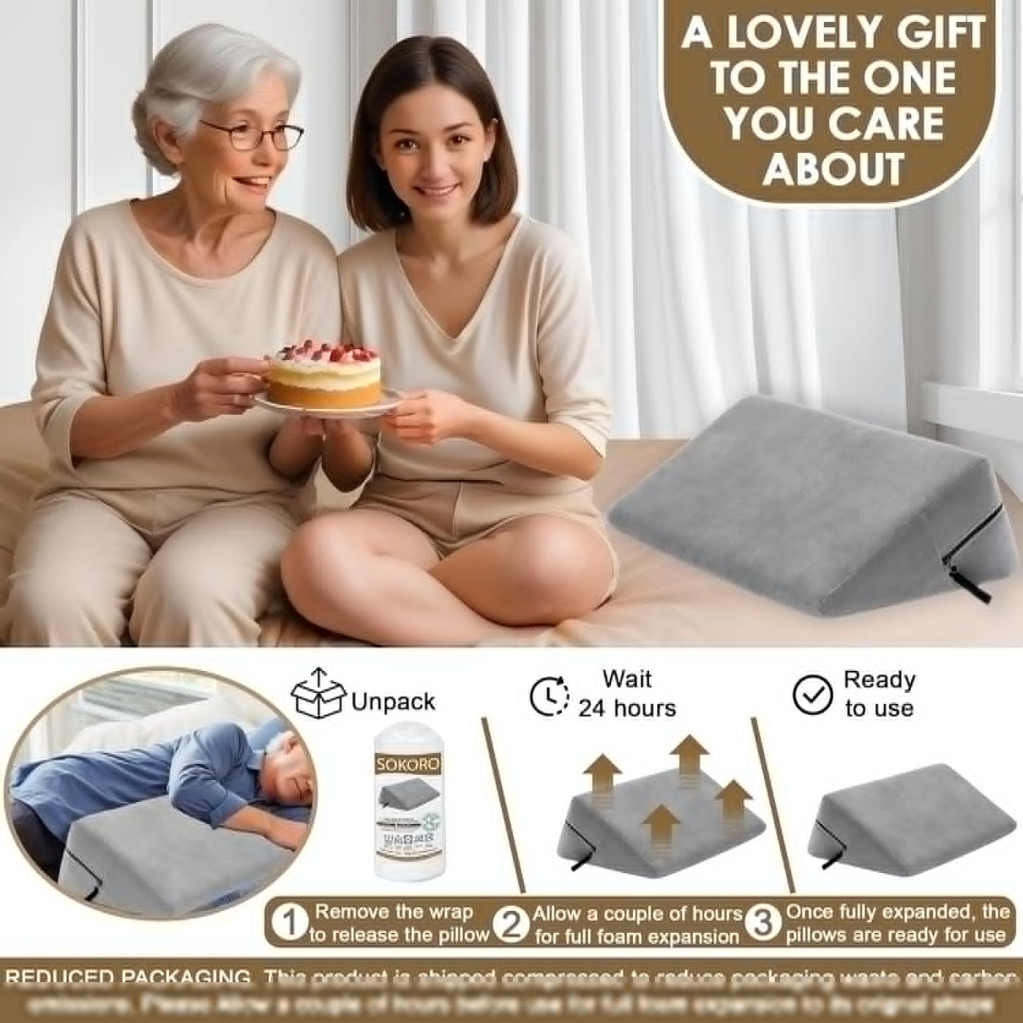 sokoro Bed Wedge Pillow for Sleep Apnea, GERD Acid Reflux Snoring Relief, Pregnancy Side Sleeper Pillow for Adults Seniors Neck Pain Back Sleeping, Leg Elevation Pillows for After Surgery Gifts, Grey