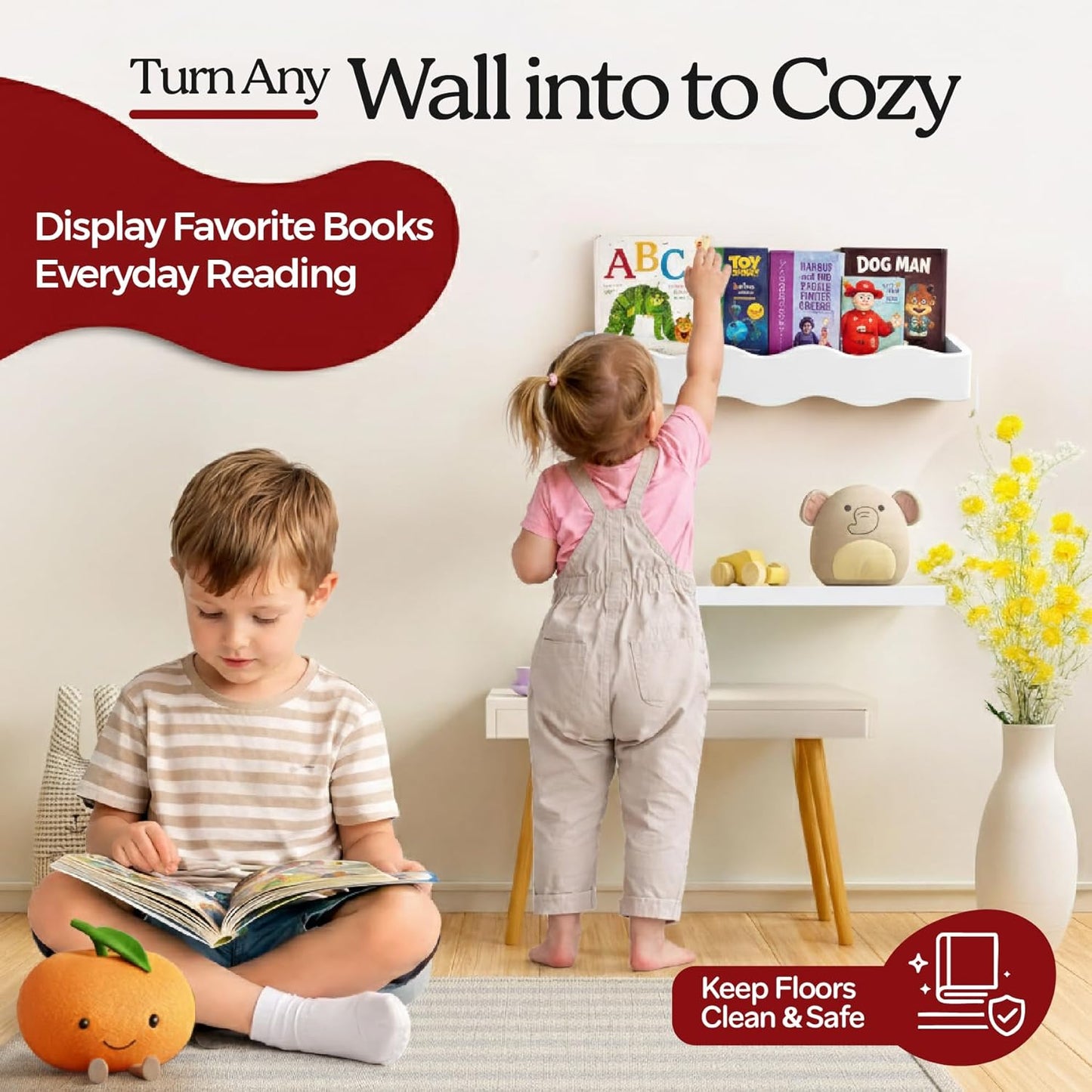 Ovalo Nursery Book Shelves Set of 2 - Solid Pine Wood Nursery Bookshelf, Floating Nursery Shelves for Wall, Wall Bookshelf for Kids Room, No-Assembly Wall Mounted Baby Book Shelf. (White)