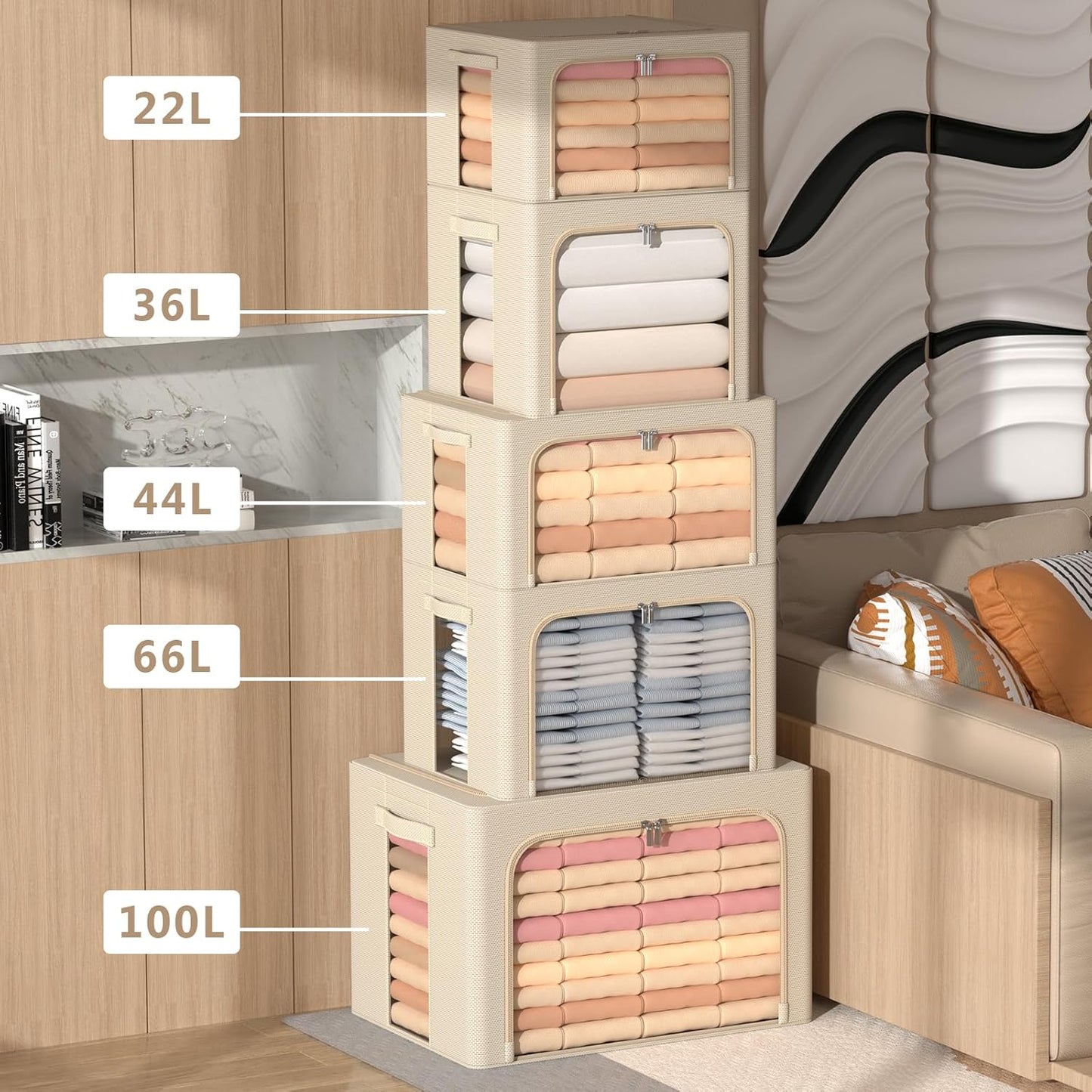 CYhom 4 Pack Clothes Storage Bins - Oxford Fabric Metal Frame Storage Box - Foldable Stackable Container Organizer Set with Clear Window & Carry Handles & Zippers (Beige, 23.6"x19.7"x15.7")