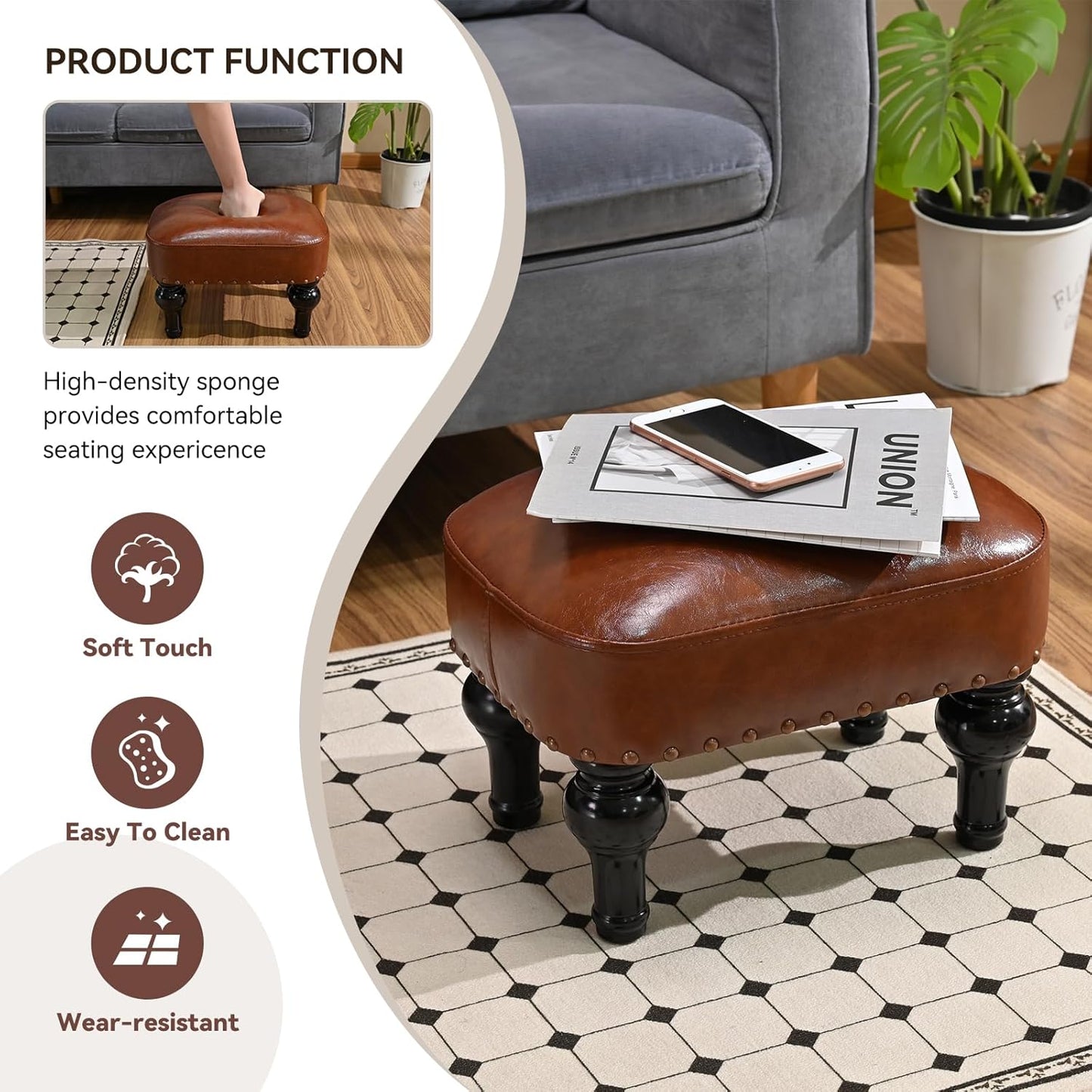 Leather Ottoman Footrest,Rustic Foot Stools Seat,Wood Footstool Rectangle Footrest Small Ottoman for Bedroom,Living Room,Office,Entrance Hall (DEEP Brown)
