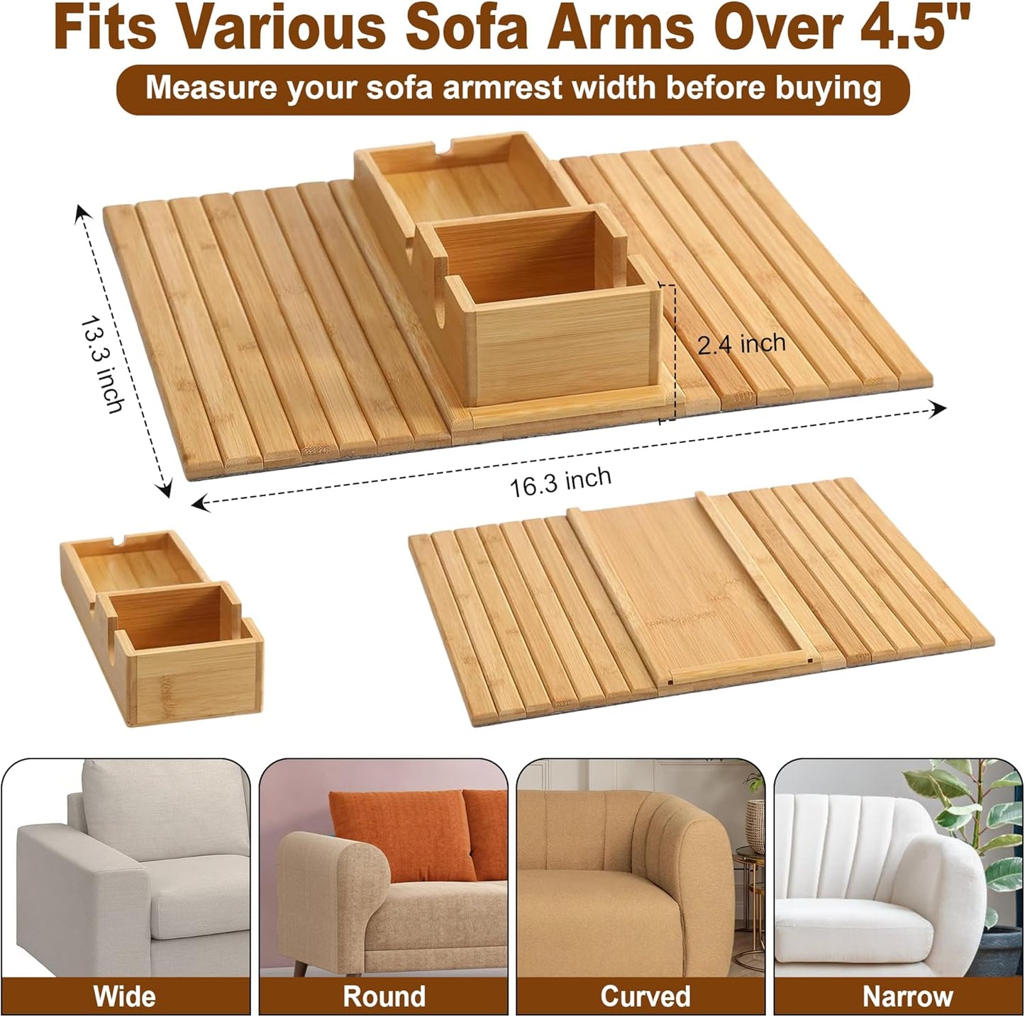 2-in-1 Adjustable Bamboo Sofa Cup Holder Tray (Fits 4.5” to 14” Arms) - Detachable Armchair Caddy with Sofa Arm Tray Drink Organizer - Foldable Couch Caddy with Cup Holder for Phone Remote Snack