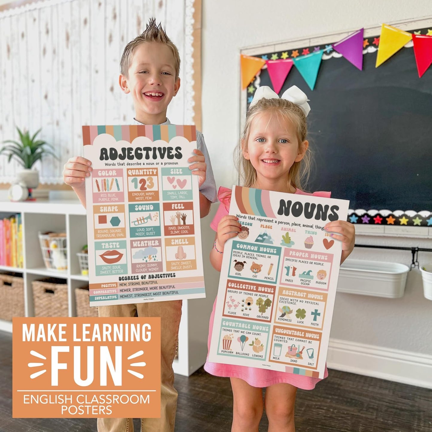 Hadley Designs Parts of Speech Posters for Classroom Decor - 12 English Grammar Posters for Classroom, Writing Process Language Arts Elementary & Middle School, ELA Retro Teacher Must Haves
