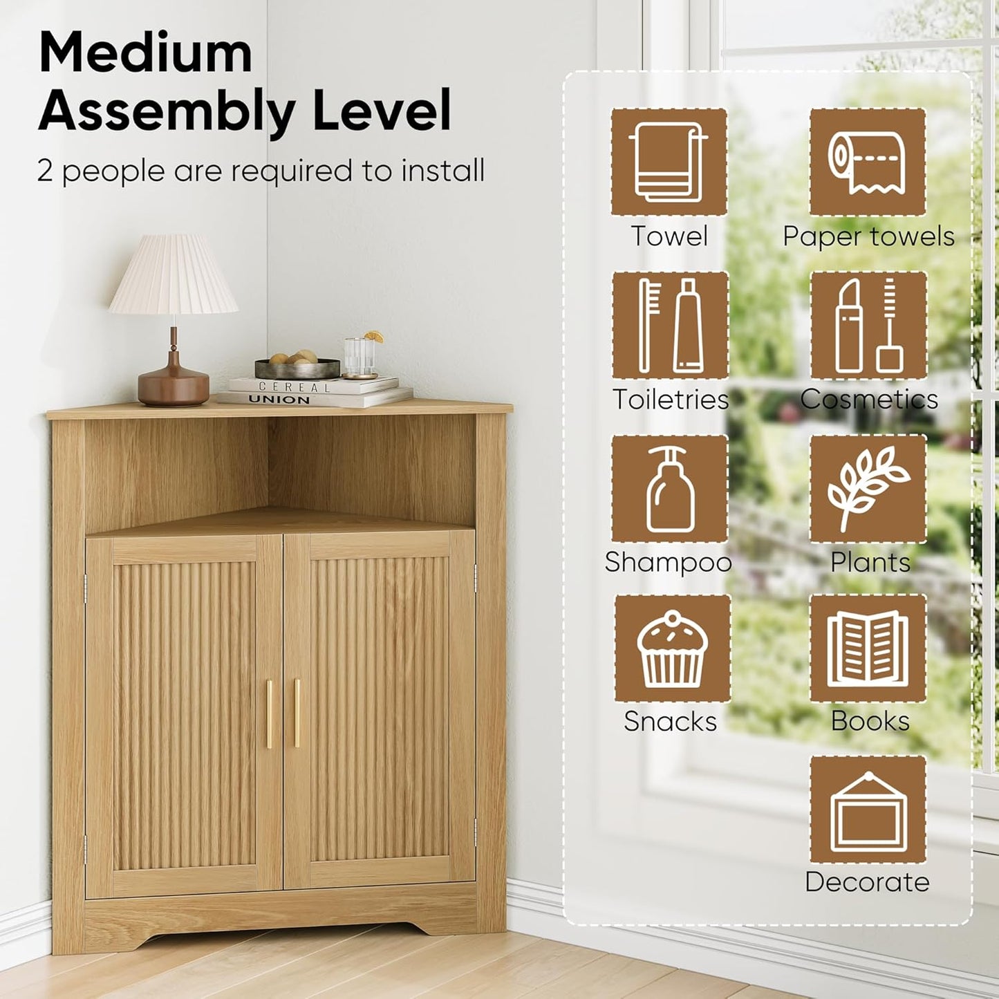 Smuxee Bathroom Corner Cabinet, Floor Corner Storage Cabinet with Fluted Door and Adjustable Shelf, Wooden Narrow Cabinet Organizer for Bathroom, Kitchen, Living Room