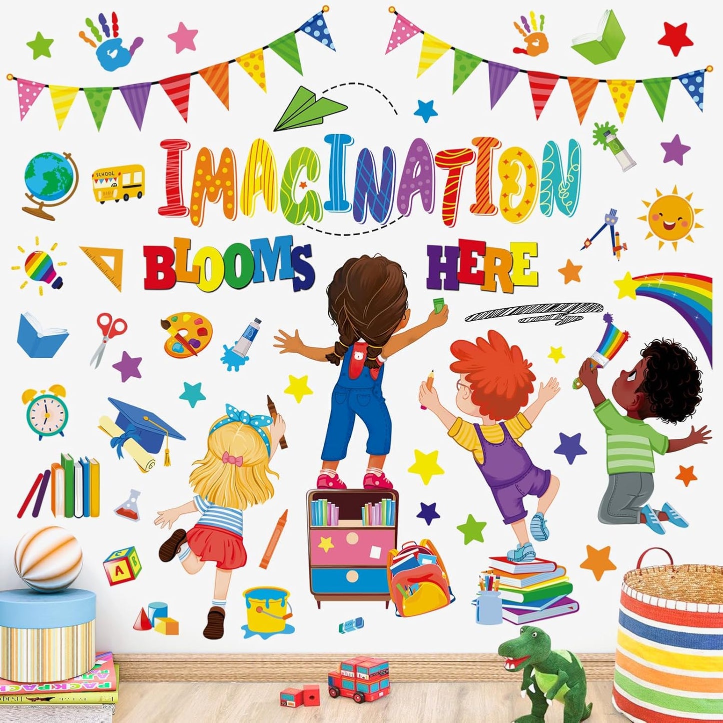 wondever Reading Corner Kids Wall Stickers Inspirational Quotes Imagination Blooms Here Peel and Stick Wall Art Decals for School Classroom Kids Room