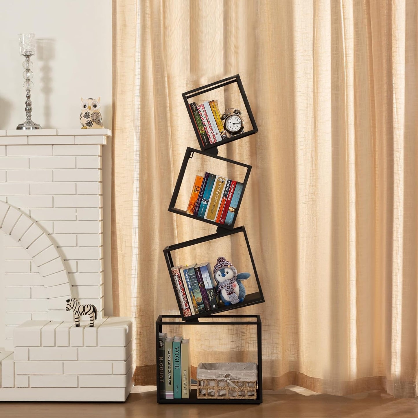 Geometric Book Shelf 4 Tier, Black Metal Bookshelf 49 Inch, Mordern Narrow Bookcase, Skinny Corner Bookshelves for Bedroom, Living Room, Office, Home Decor