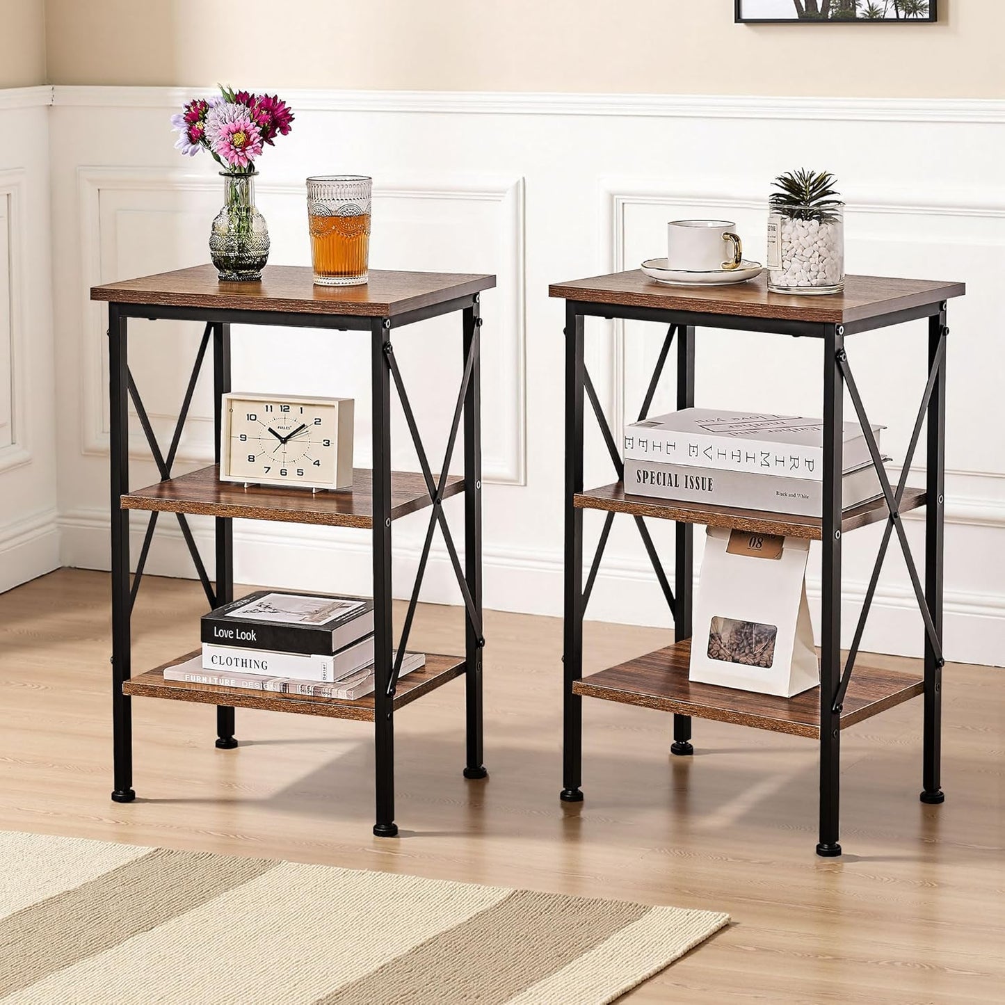 VECELO Versatile Side/End Table with Storage Shelf Nightstands for Living Room,Bedroom Furniture (Set of 2), Shelves, Retro Brown