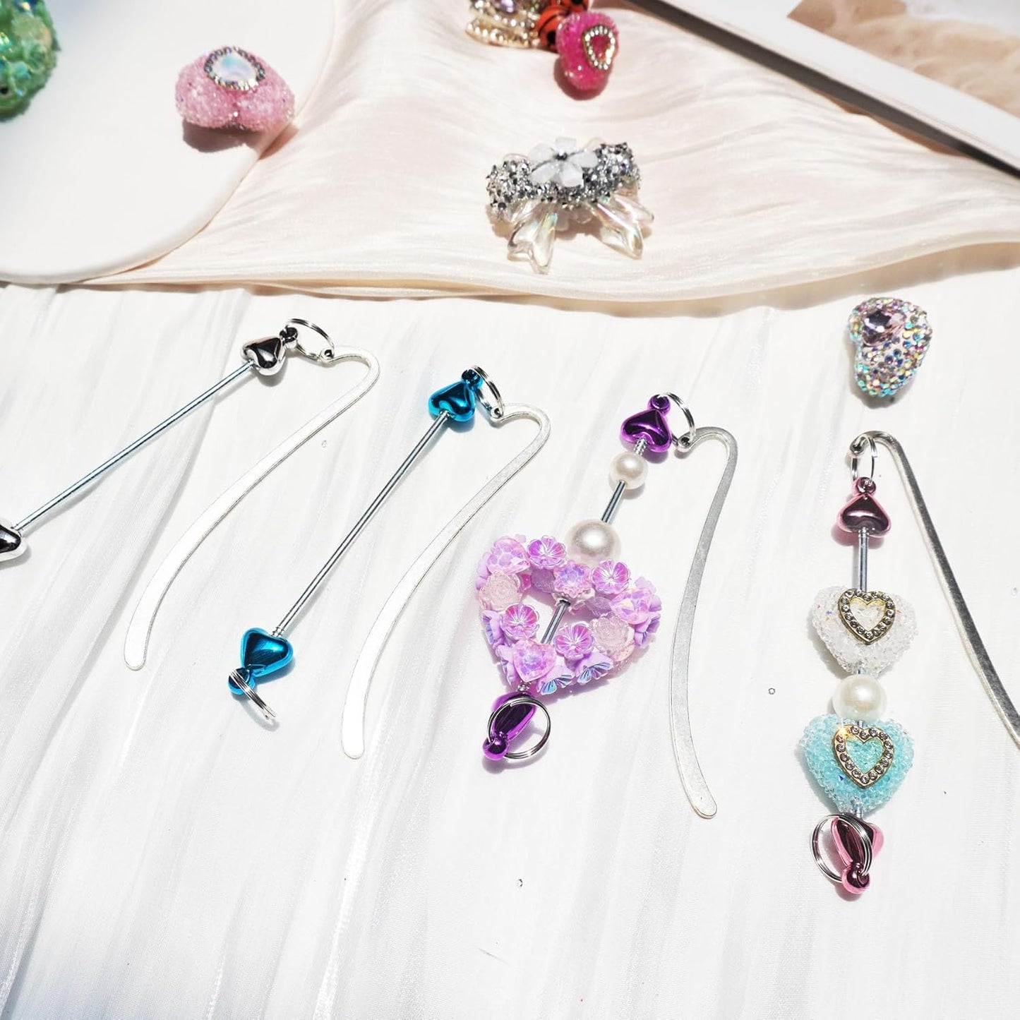 15 Pack Beadable Bookmarks with Blank Bar Bulk Love Heart Metal DIY Bookmark for Beads Jewelry Pendants Charms Beading Book Make Marks Craft Colorful