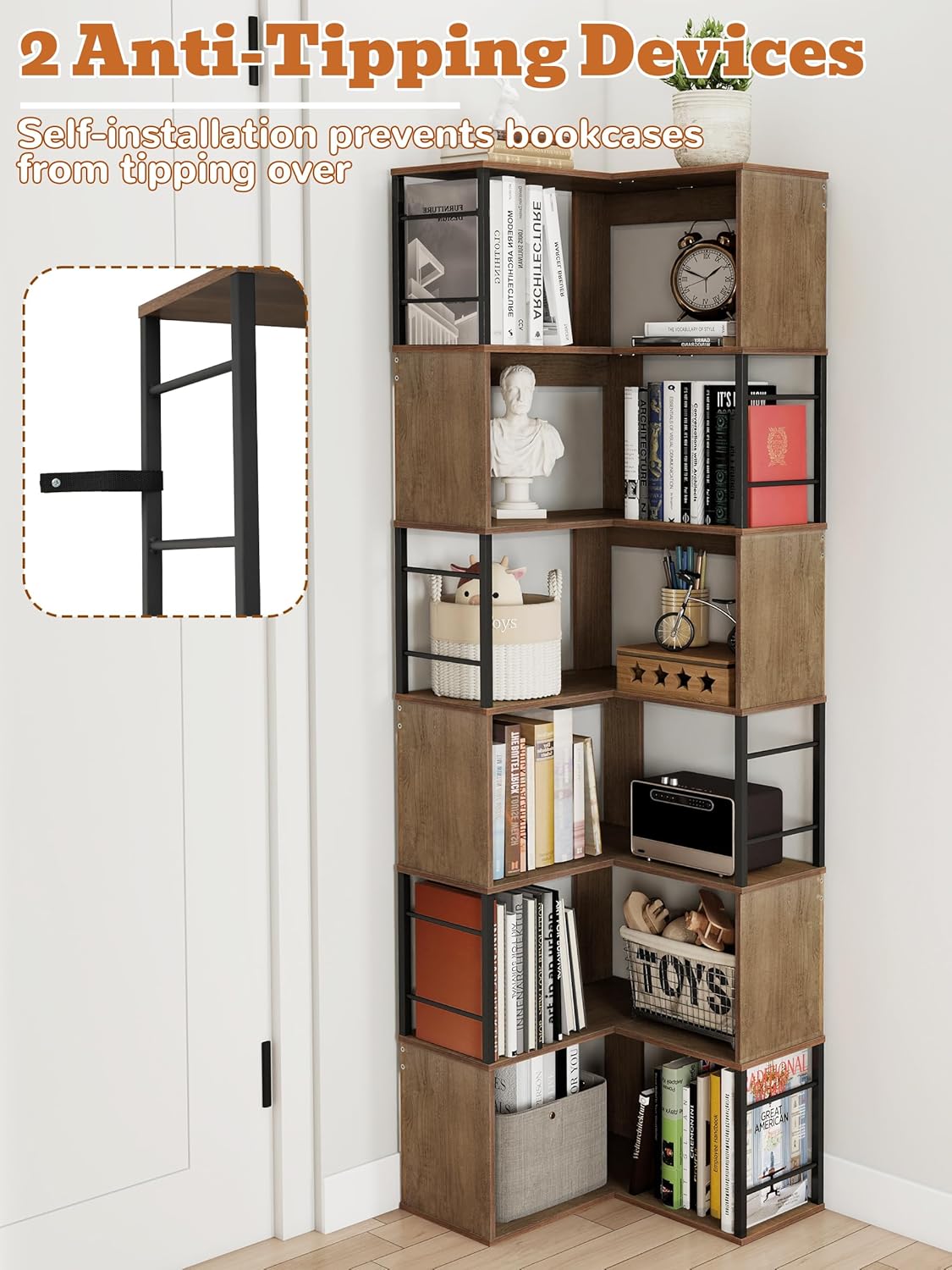 7 Tier L Shaped Corner Bookshelf, 74" Tall Metal Wood Bookcase with Anti-Tipping, Freestanding Display Storage Shelf, 77Lbs Per Shelf for Home Office Living Room Bedroom (Brown)