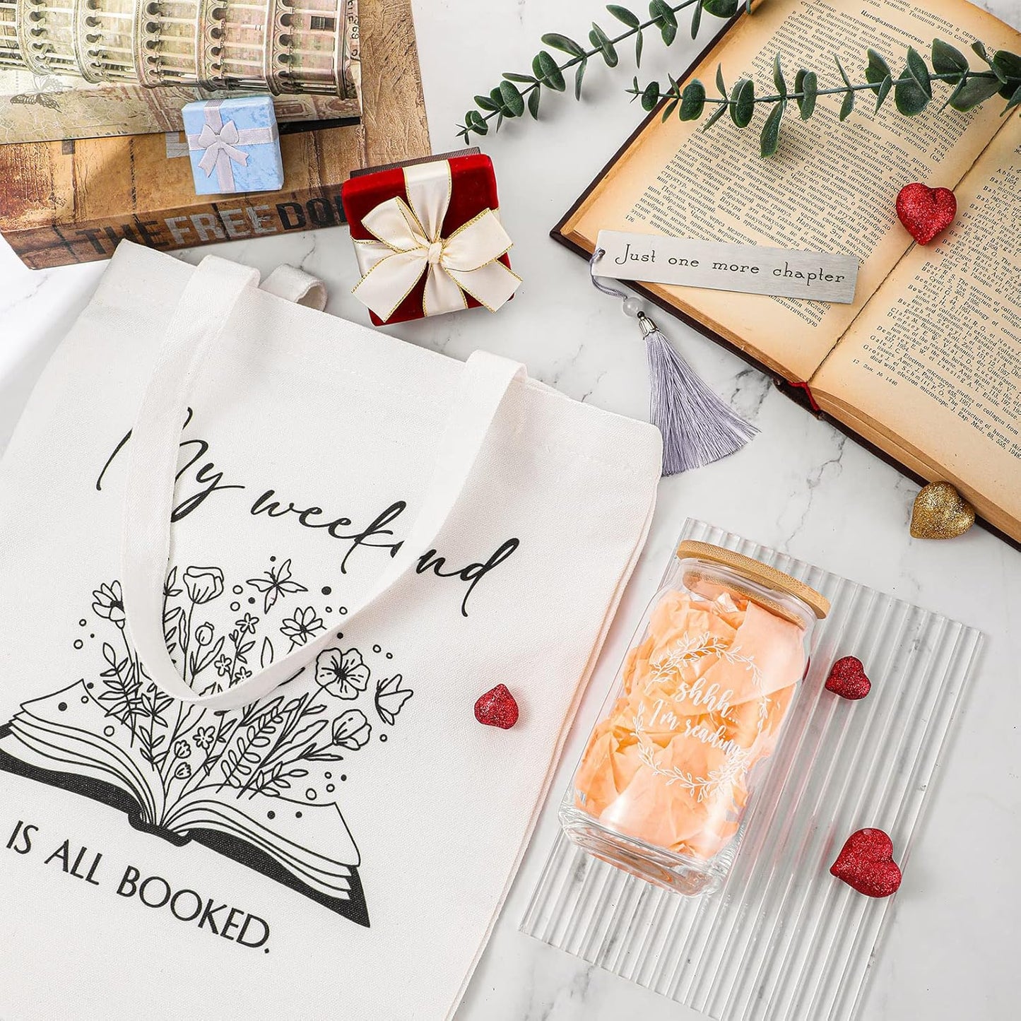 Inbagi Book Lover Gifts Bookish Set Include 16oz Drinking Glass with Bamboo Lid and Straw Stainless Steel Bookmark for Librarian Reader Club Bookworm Women(13 x 15 x 4'', Elegant)