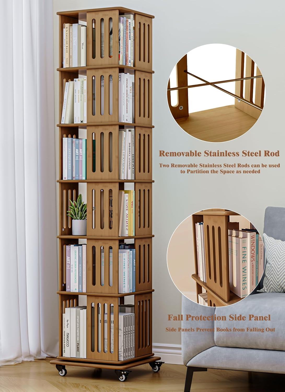 Baoz 6 Tier Square Rotating Bookshelf, 360 Display Spinning Bookcase Organizer with Bamboo, Corner Floor Standing Storage Rack for Small Space, Bedroom, Living Room, Home Office