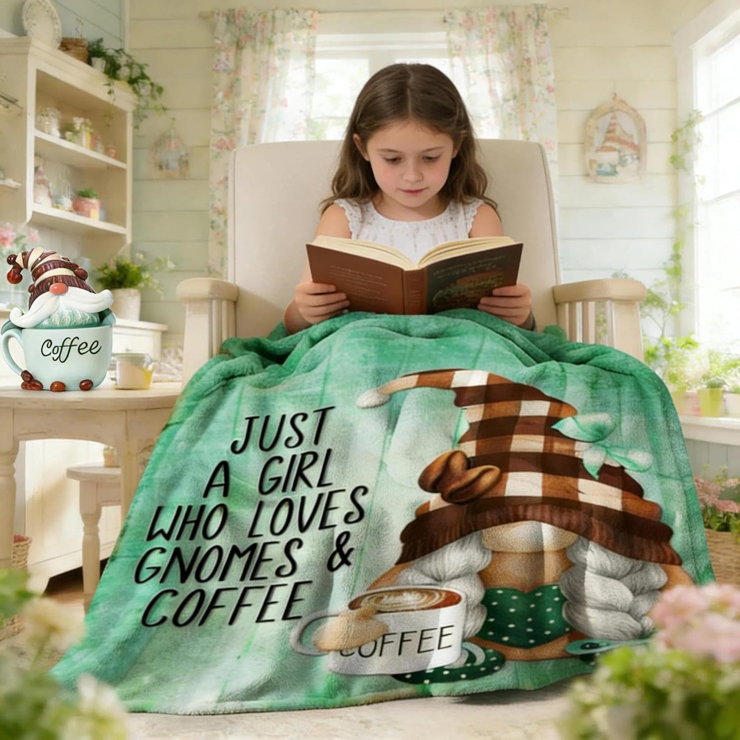 Coffee Gnome Blanket for Girls- Gnomes Gifts for Gnome Lovers, Daughter, Kids, Galentine's Day Soft Spring Gnome Theme Throw Blanket, 50x40 Inches