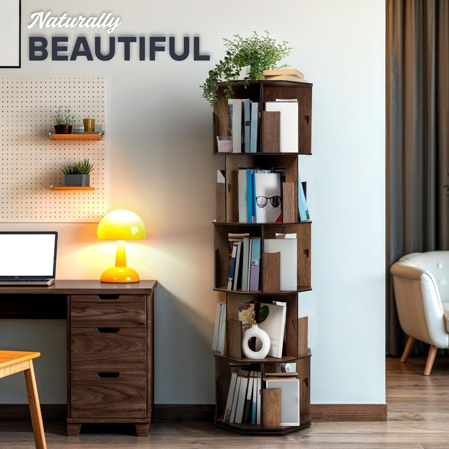 5 Tier Rotating Bookshelf Tower with Lazy Susan – Spinning Bookshelf Tower, Revolving Bookcase, Turning Book Shelf, Rotating Bookcase with 360° Rotating Shelf & Revolving Book Shelf, Walnut