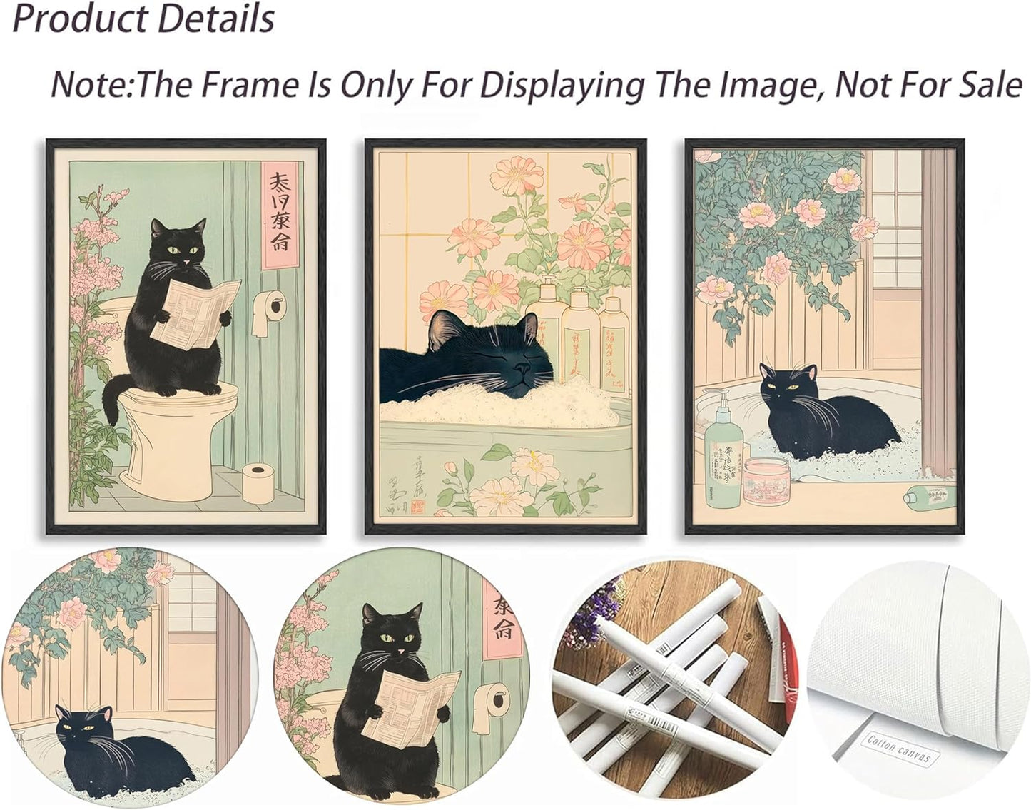3Pcs Funny Japanese Bathroom Cat Wall Art Cute Animal Painting Picture Wall Decor Cats Lovers Prints Poster Print Artwork for Bathroom Toilet Home Decoration Unframed