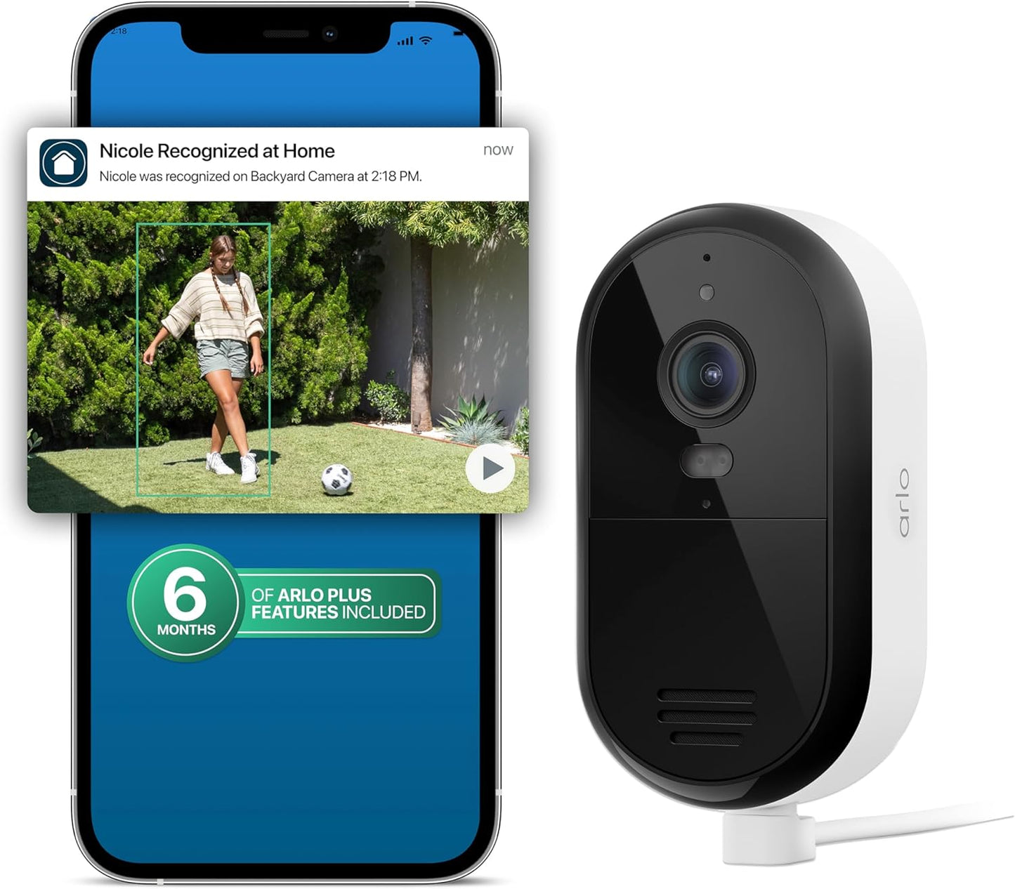 Arlo Essential Security Camera 2K (2025 Release) + 6 Months of Secure Plus Plan - Continuous Wired Plug-in Power Outdoor Camera, Person Recognition, Package Detection, Animated Preview, 1 Cam, White