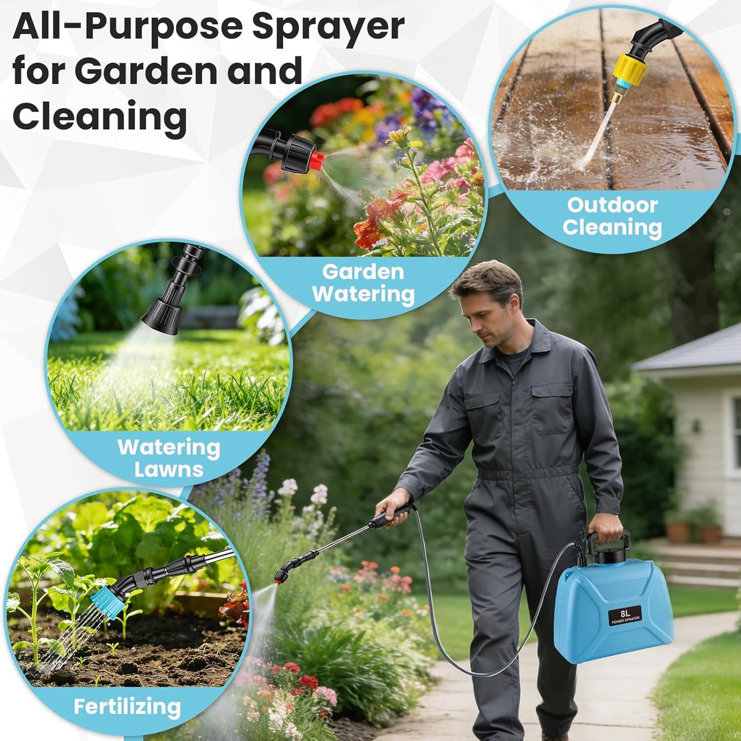 Battery Powered Sprayer 2 Gallon - Pump Sprayer Electric Garden Spray with 4 Nozzles Retractable Wand USB Weed Spraying for Lawn and Yard Plant Care
