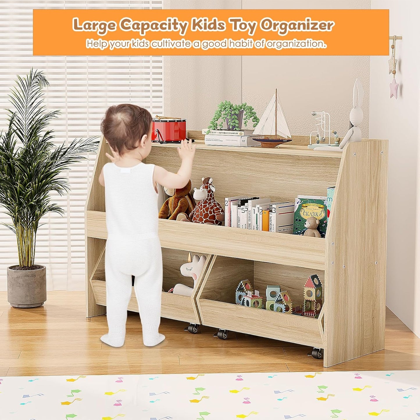COZPAW Toy Storage Organizer, 2 Tier Montessori Shelf with Movable Bins (Wood)