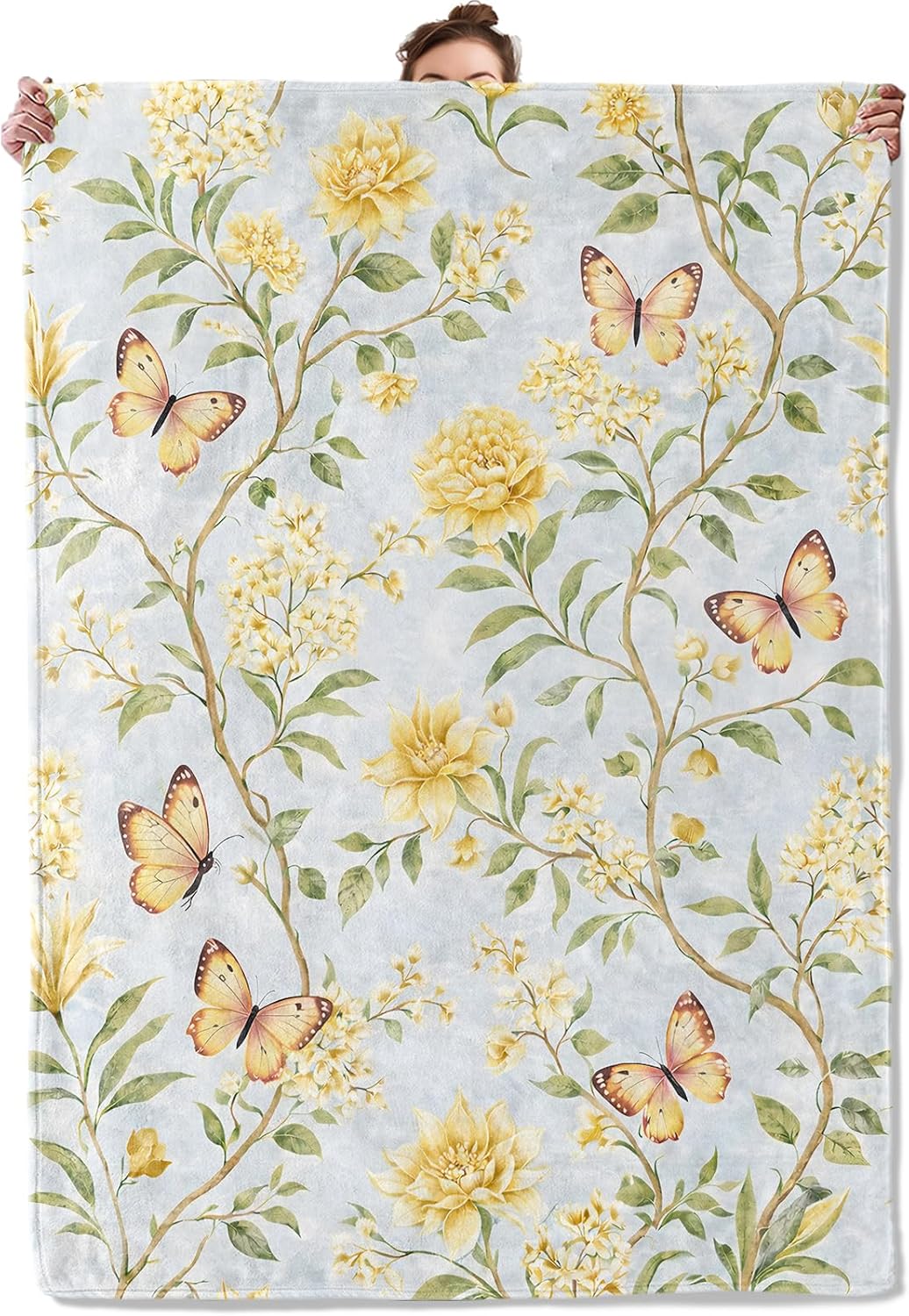 Watercolor Floral Butterfly Throw Blanket, Yellow Blossom Branch, Soft Flannel Fleece, 50x60 Inch, Couch Sofa Blankets for Women Nature Lover, Cozy Spring Cottage Flower Home Decor Gifts