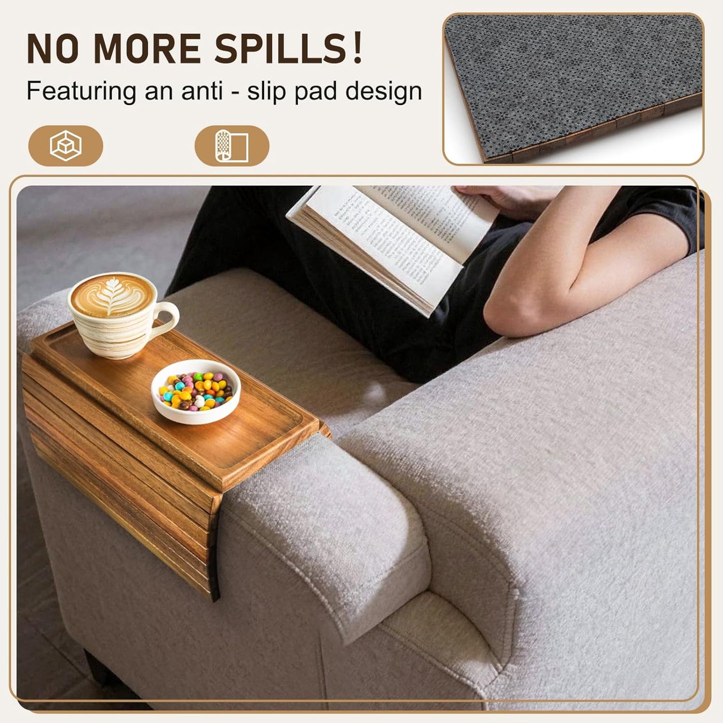Acacia Wood Couch Armrest Table, Couch Arm Tray, Foldable Anti-Slip Bamboo Couch Tray, Sofa Cup Holder for Drink Snacks Remote Control