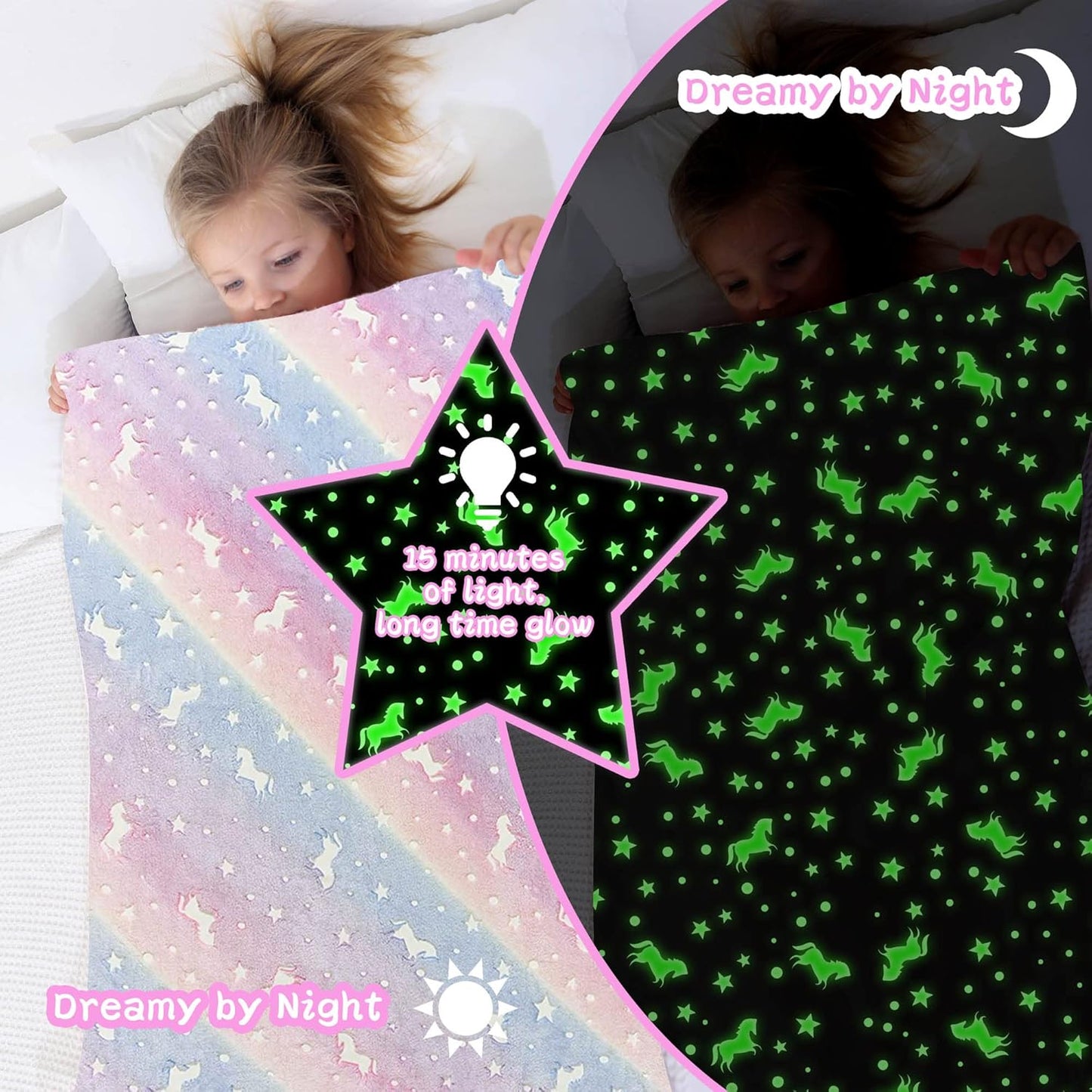 LAT Glow in The Dark Throw Blanket,Super Soft Fuzzy Plush Flannel for Girls and Boys Sleeping Snuggle Blanket,All Seasons for Bed or Sofa,50 * 60 Inch (Rainbow Unicorn)