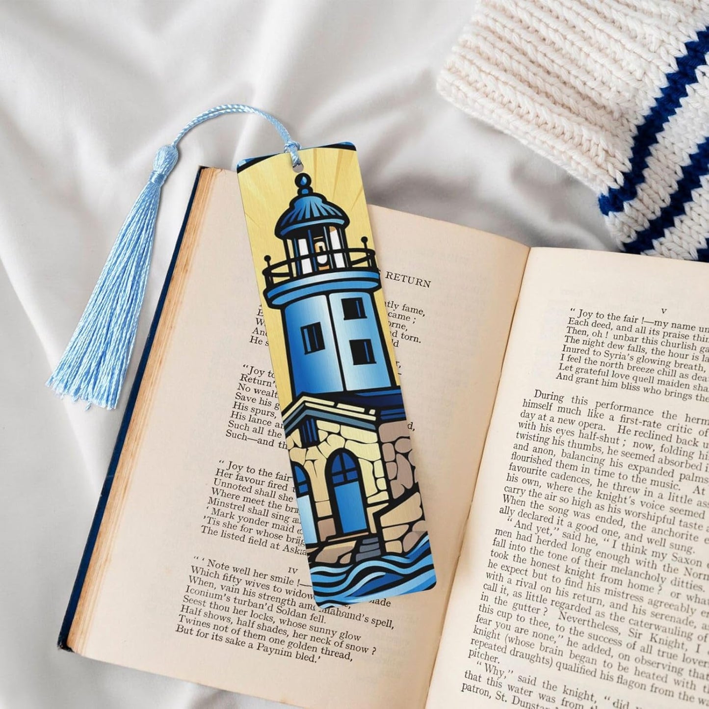 Blue Lighthouse Bookmarks Gifts for Women Men, Wooden Bookmarks for Book Lovers, Vintage Book Marks Ornaments with Tassel, Unique Personalized Reading Page Markers Sky Blue