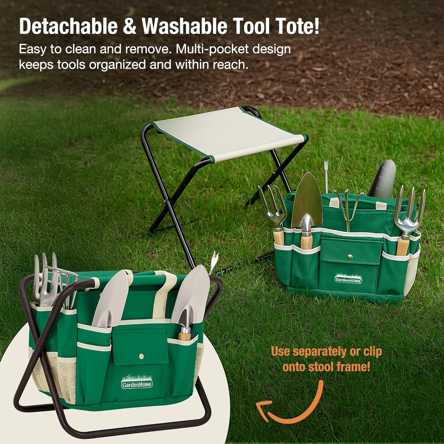 GardenHOME 7-Piece Green Gardening Tool Set – Stainless Steel Tools with Wooden Handles, Folding Stool & Canvas Tote, Durable Garden Kit for Every Gardener