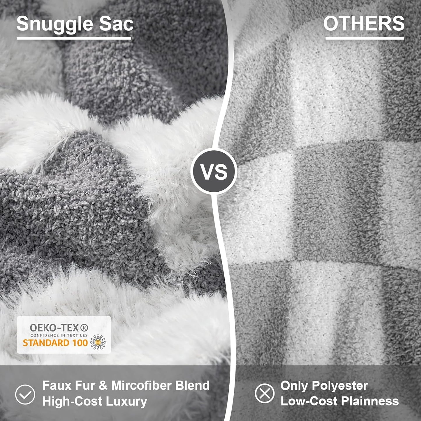 Snuggle Sac Faux Fur Throw Blanket for Couch, Cozy Soft Warm Blankets for Sofa Bedroom Living Room,Grey Checker,50x60 inches