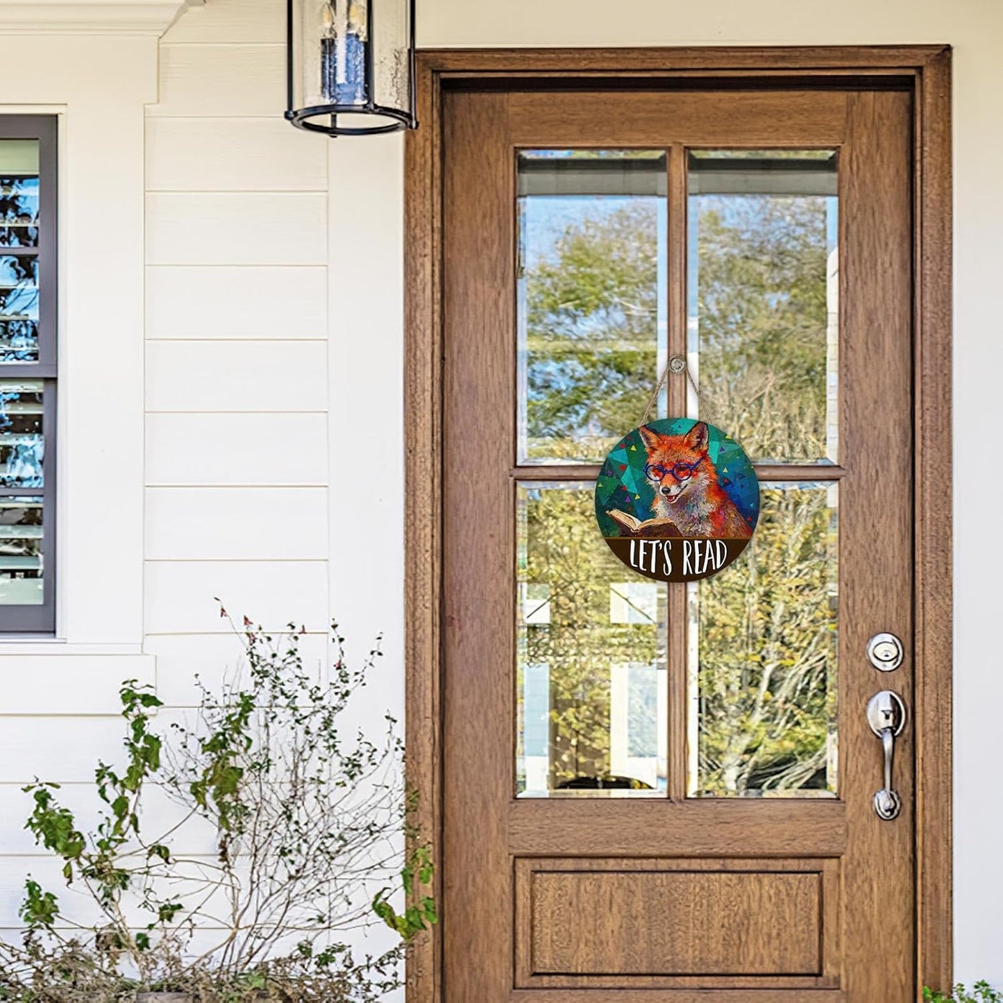 Let's Read Fox Front Door Sign, Inspirational School Classroom Library Reading Corner Wood Plaque Hanger, Farmhouse Wooden Wreath Indoor Wall Hanging Home Decor Book Lover Gift