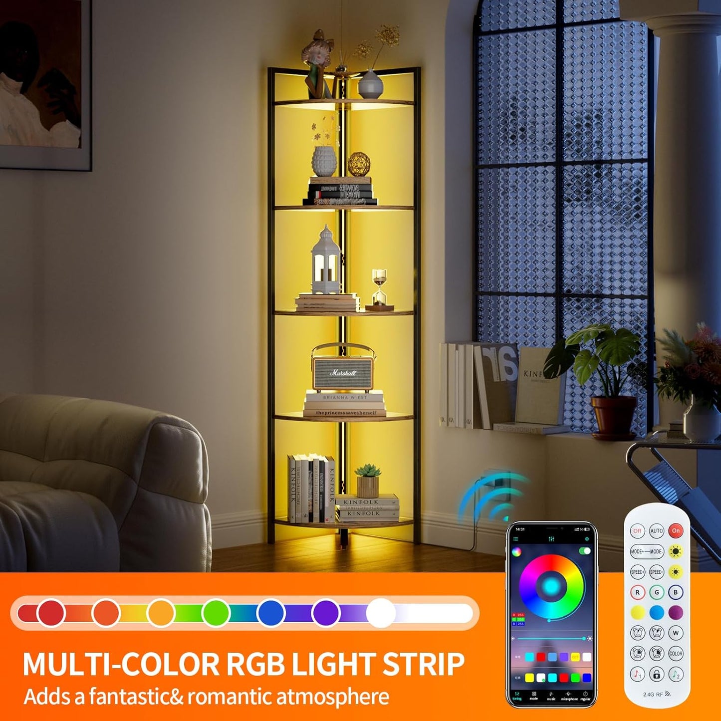 Heavy-Duty Corner Shelf, Retro Style with LED Light, 5-Tier Modern Corner Bookshelf, Wood and Metal Tall Corner Shelf, for Living Room, Office, Bedroom, Kitchen (Retro Brown)